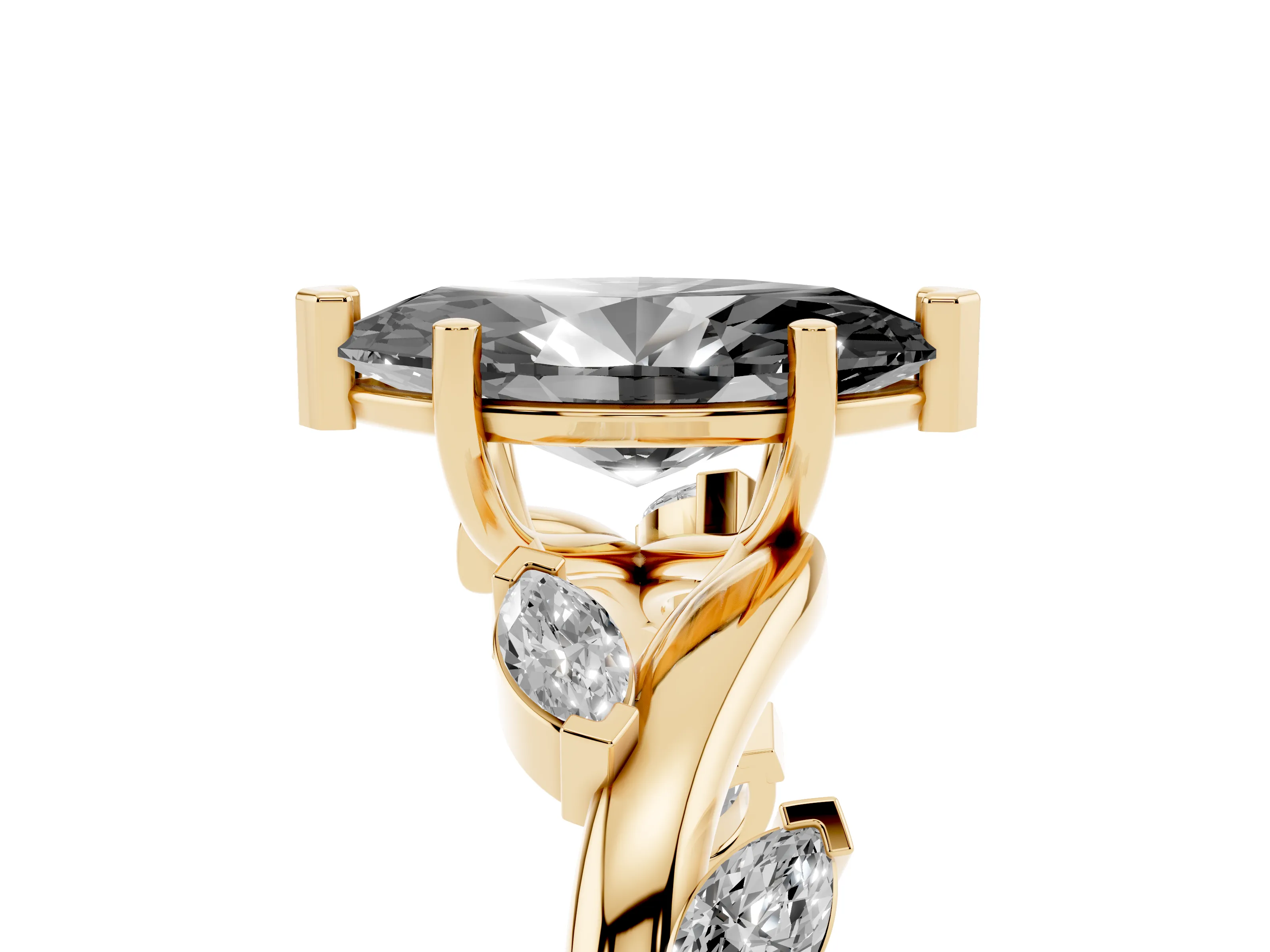 Fancy Black Marquise Cut Diamond Solitaire Ring Set in Yellow gold with Twisted Marquise Accent Band