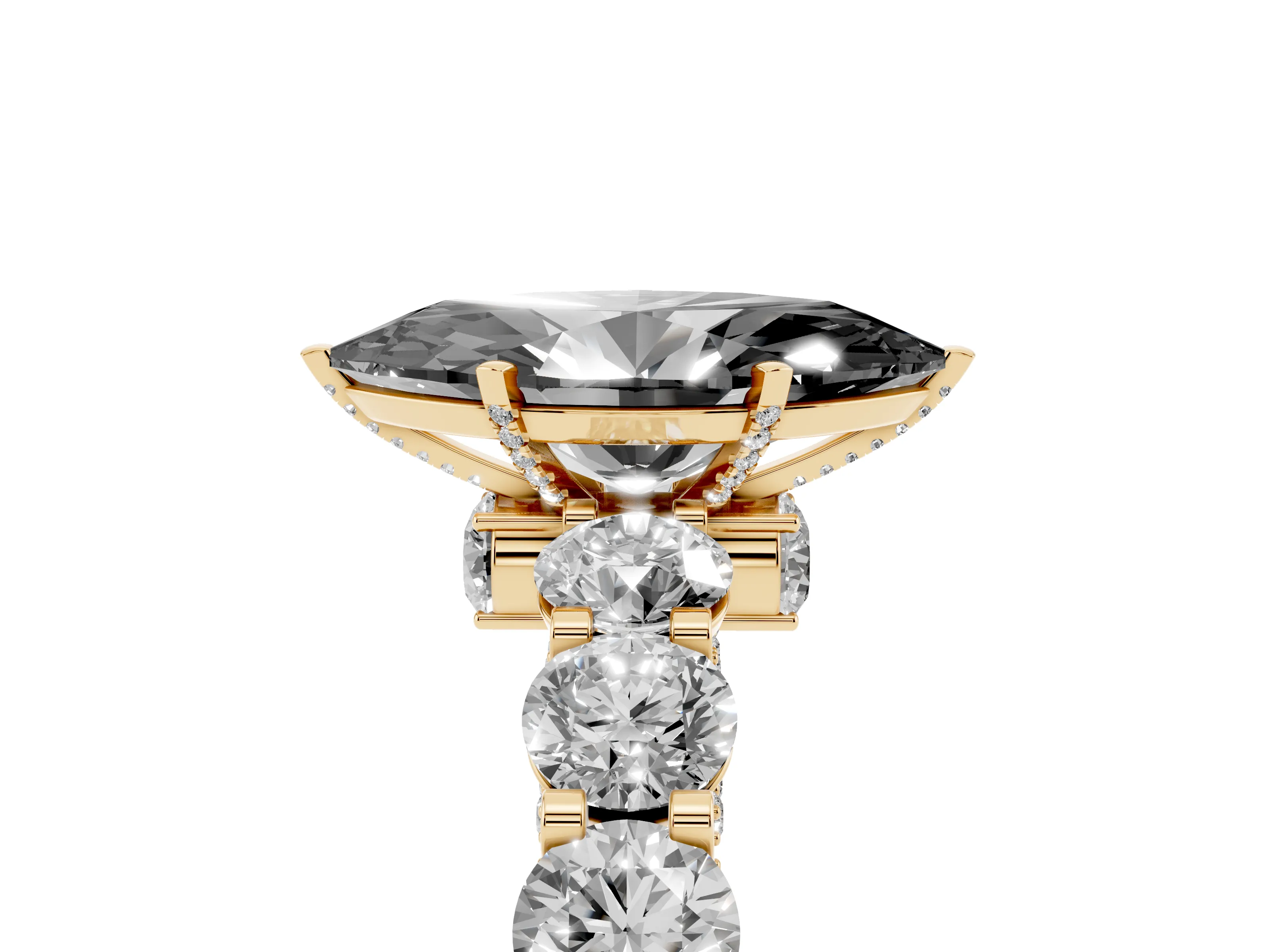 Fancy Black Marquise Cut Diamond Side Stone Ring Set in Yellow gold with Alternating Round and Oval Side Stones