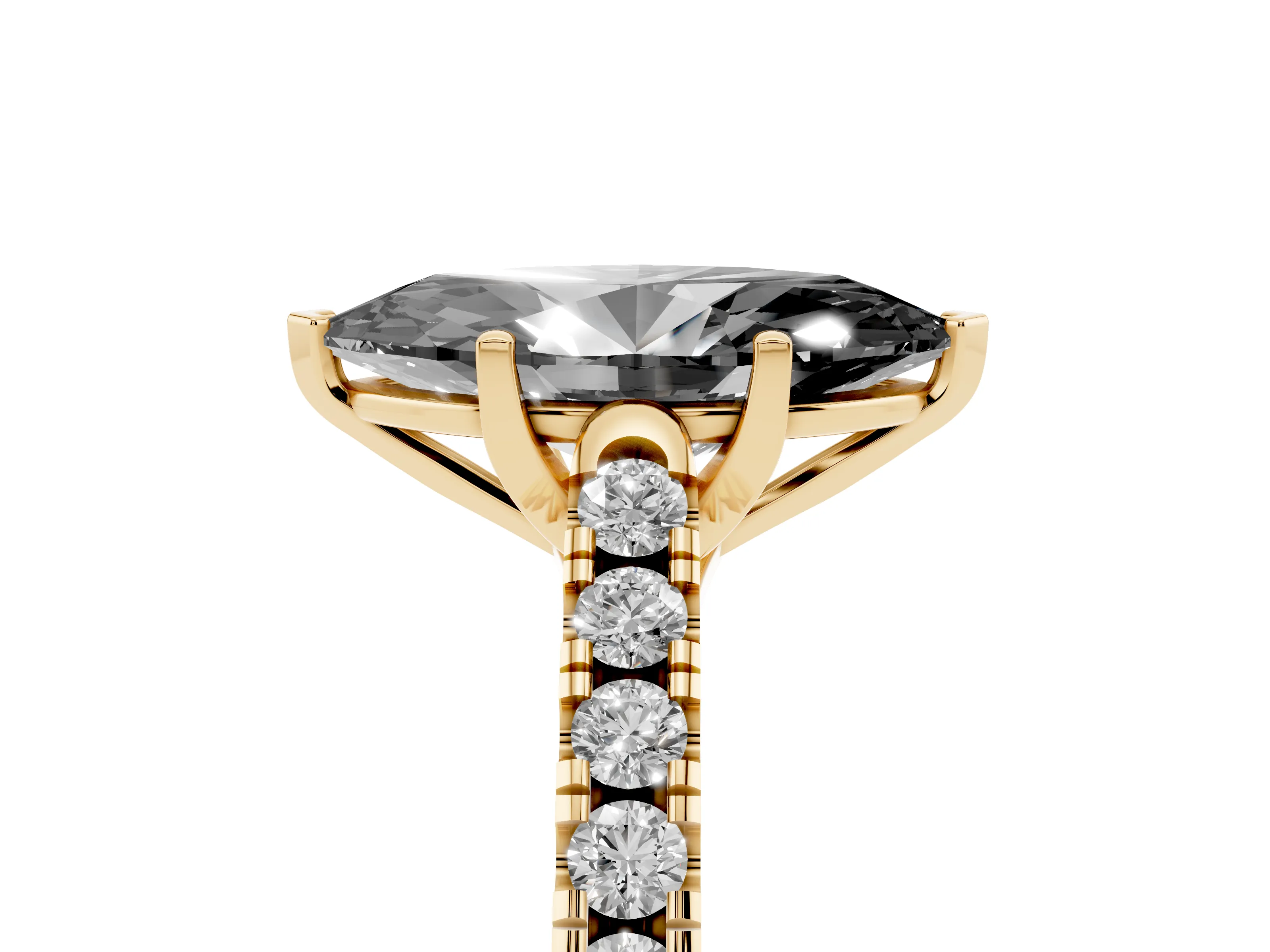 Fancy Black Marquise Cut Diamond Pavé Band Solitaire Ring Set in Yellow gold with Partway Accent Stones and Prong Setting