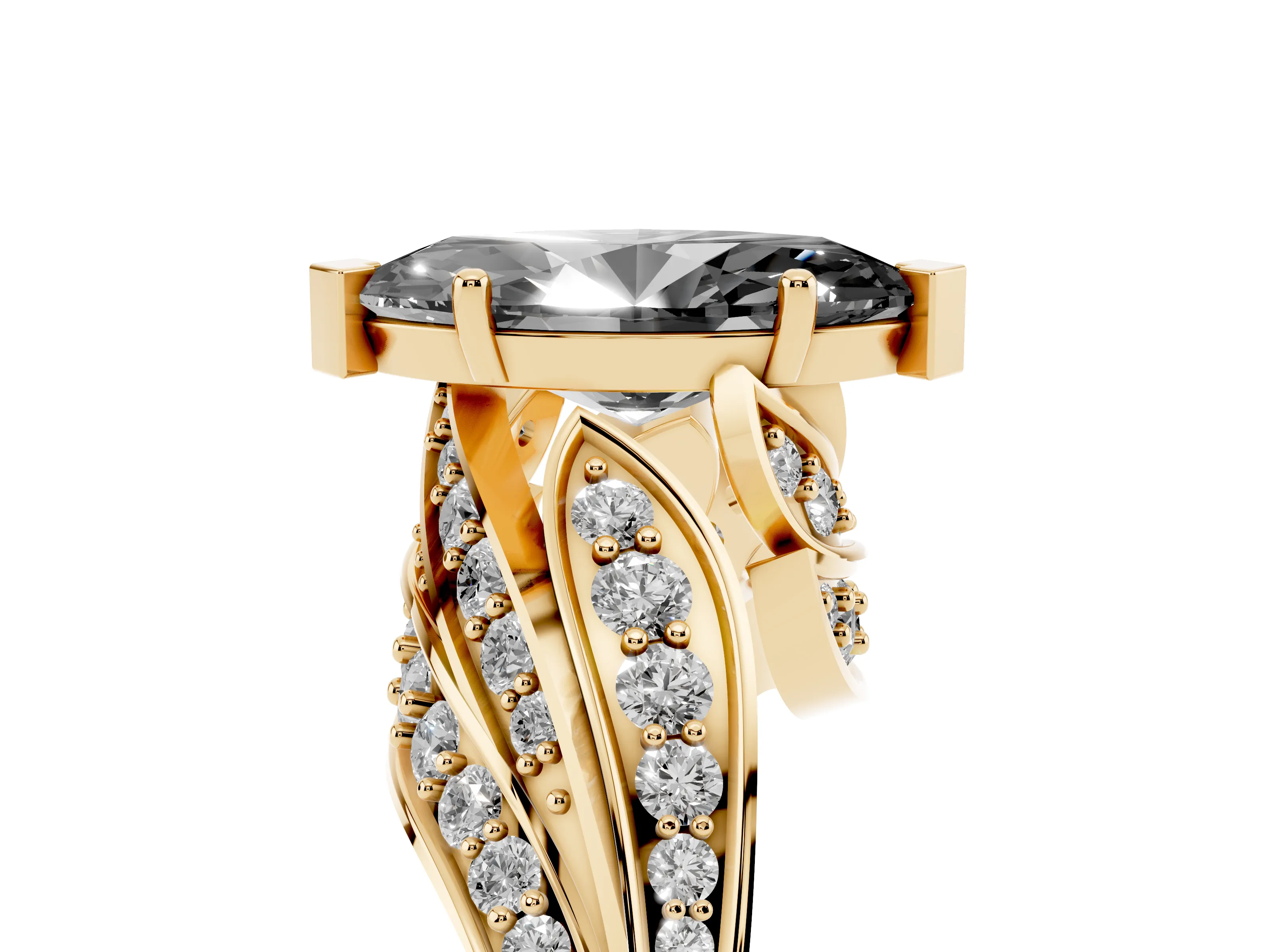 Fancy Black Marquise Cut Diamond Solitaire Ring Set in Yellow gold with Layered Twist Pavé Band