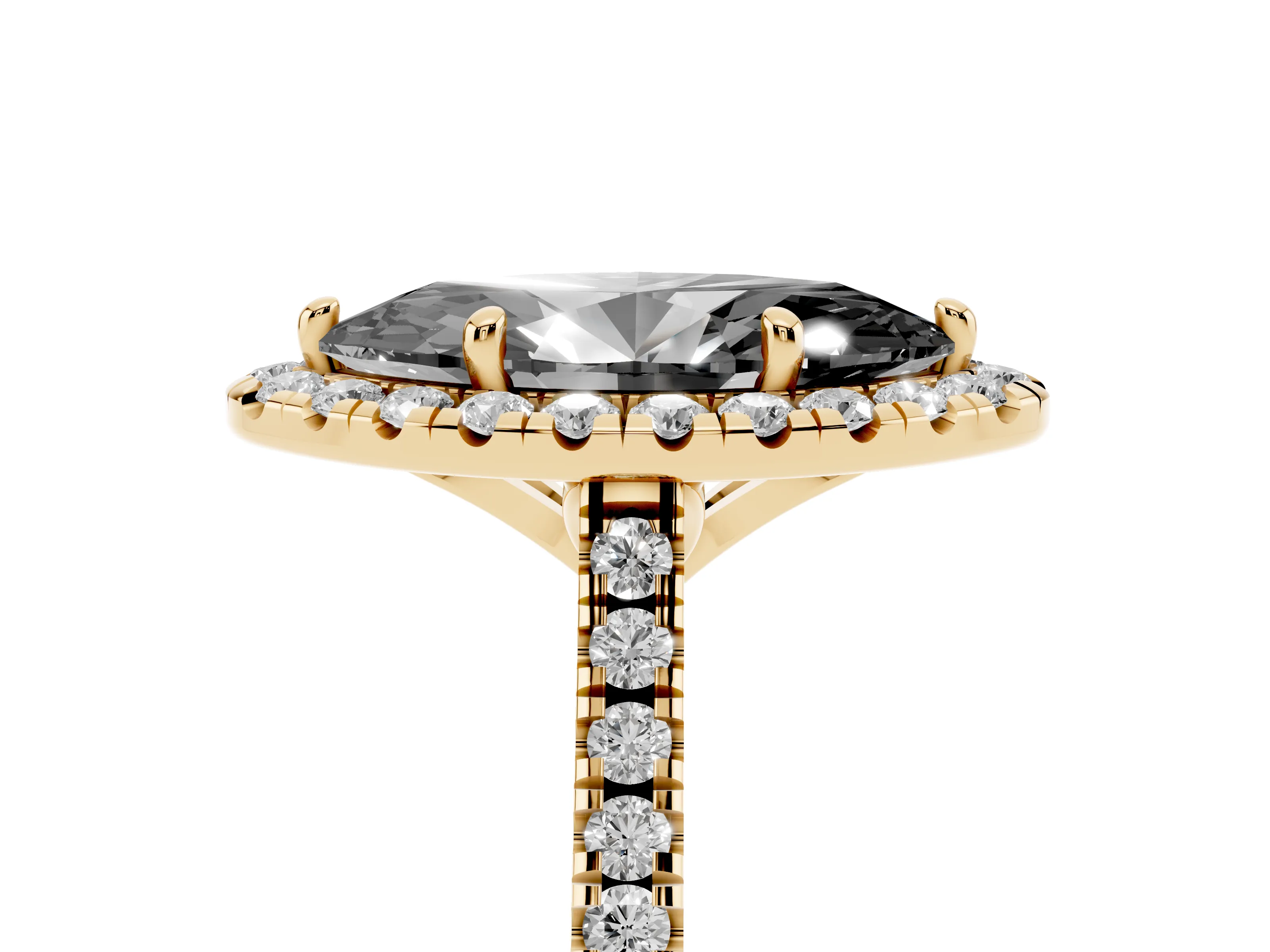 Fancy Black Marquise Cut Diamond Cushion Halo Ring Set in Yellow gold with Pavé Band