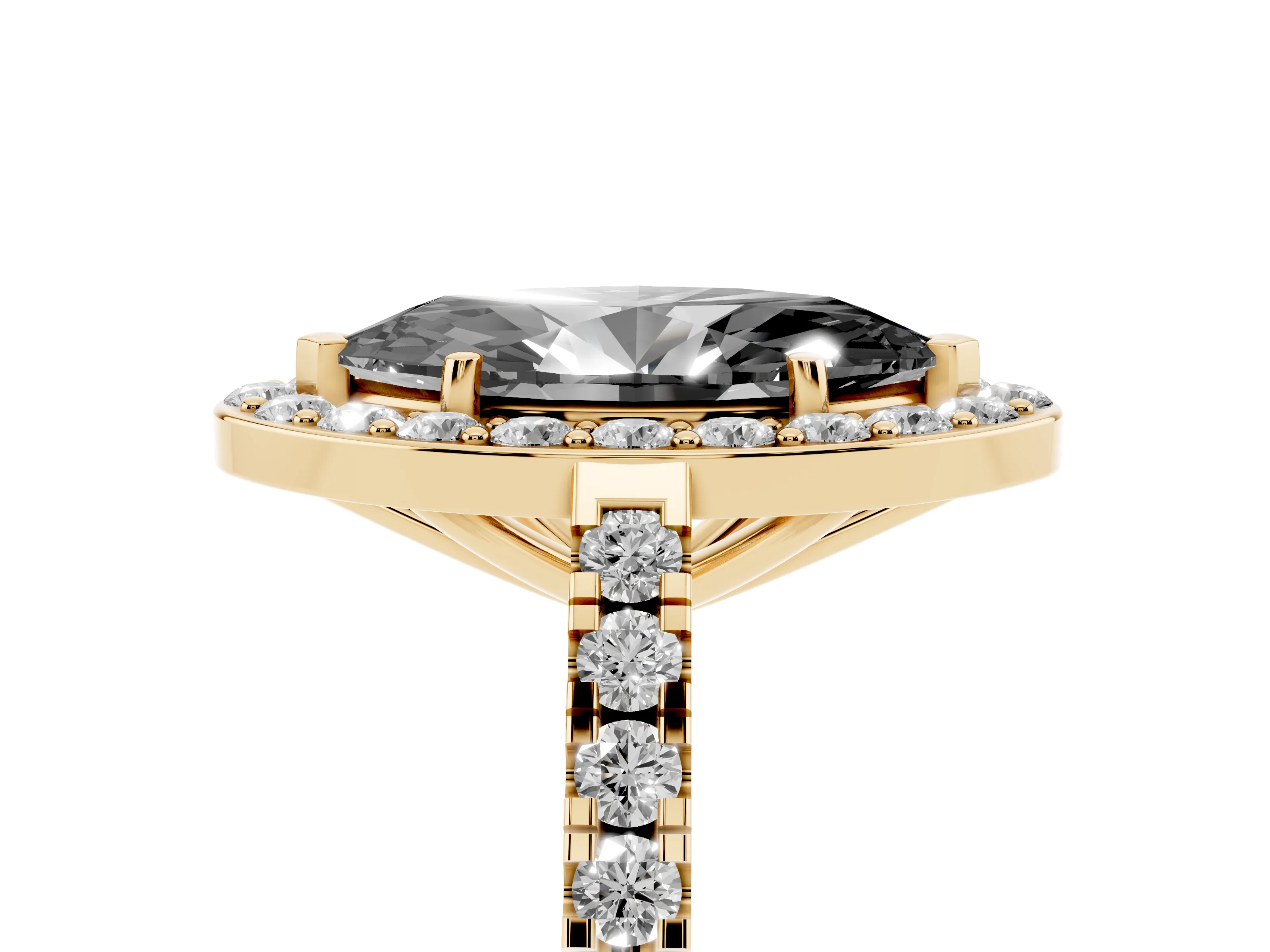 Fancy Black Marquise Cut Diamond Halo Ring Set in Yellow gold with Round Pavé Split Shank and Prong Setting