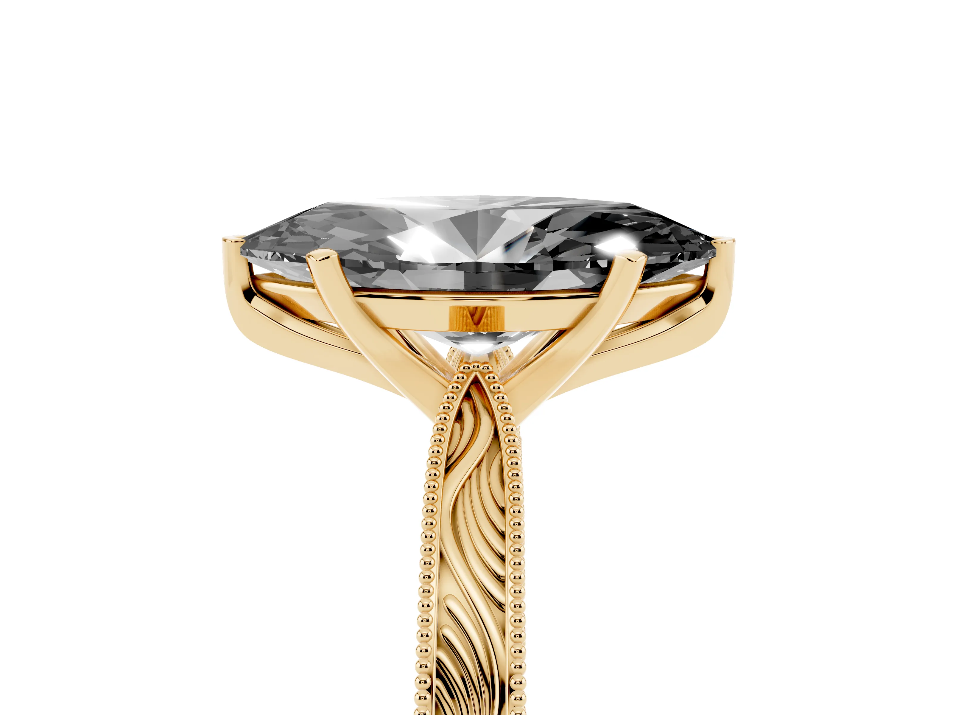 Fancy Black Marquise Cut Diamond Solitaire Milgrain Engraved Band Set in Yellow gold with Prong Setting
