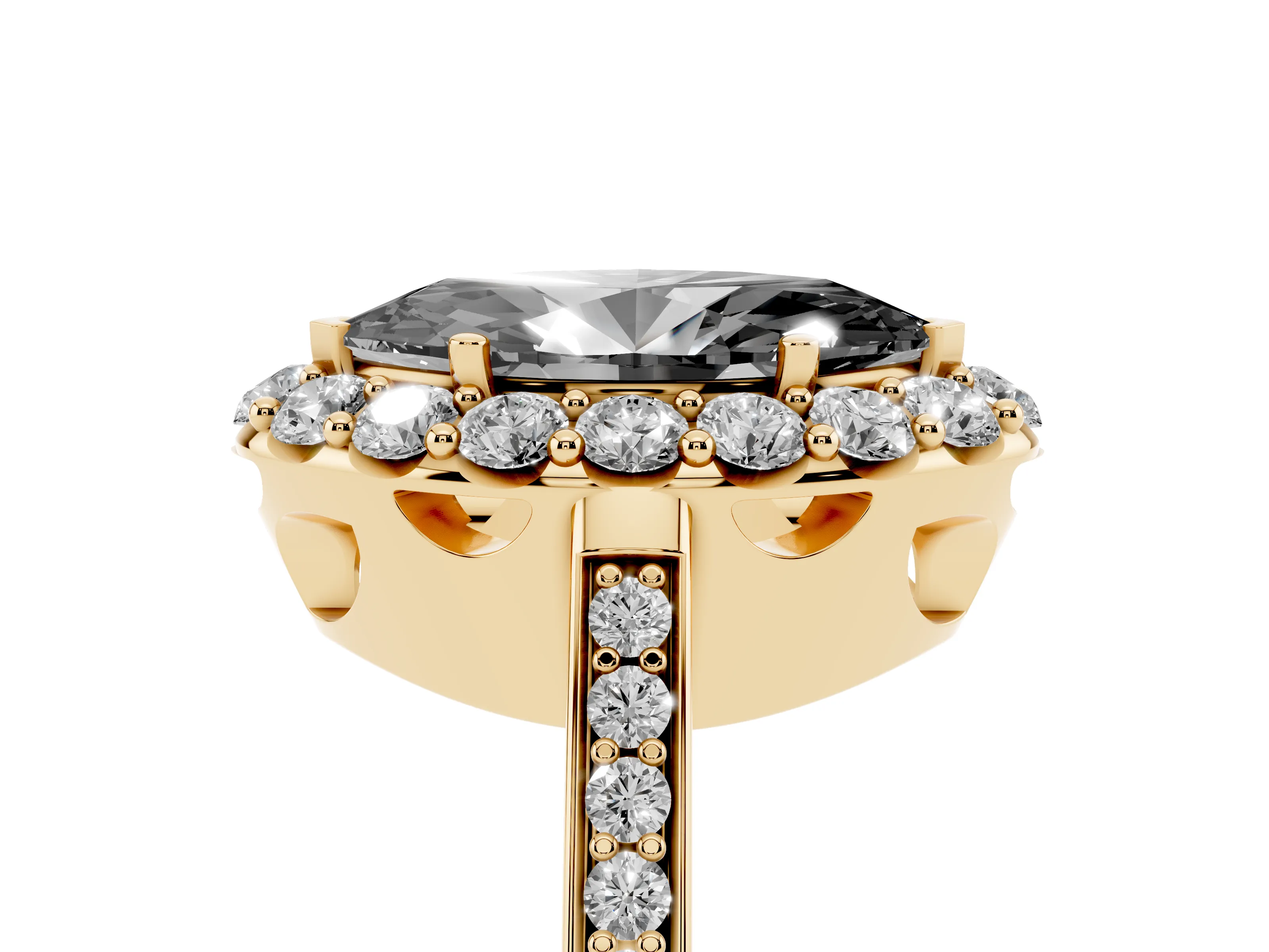 Fancy Black Marquise Cut Diamond Floral Halo Ring Set in Yellow gold with Pavé Band and Prong Setting