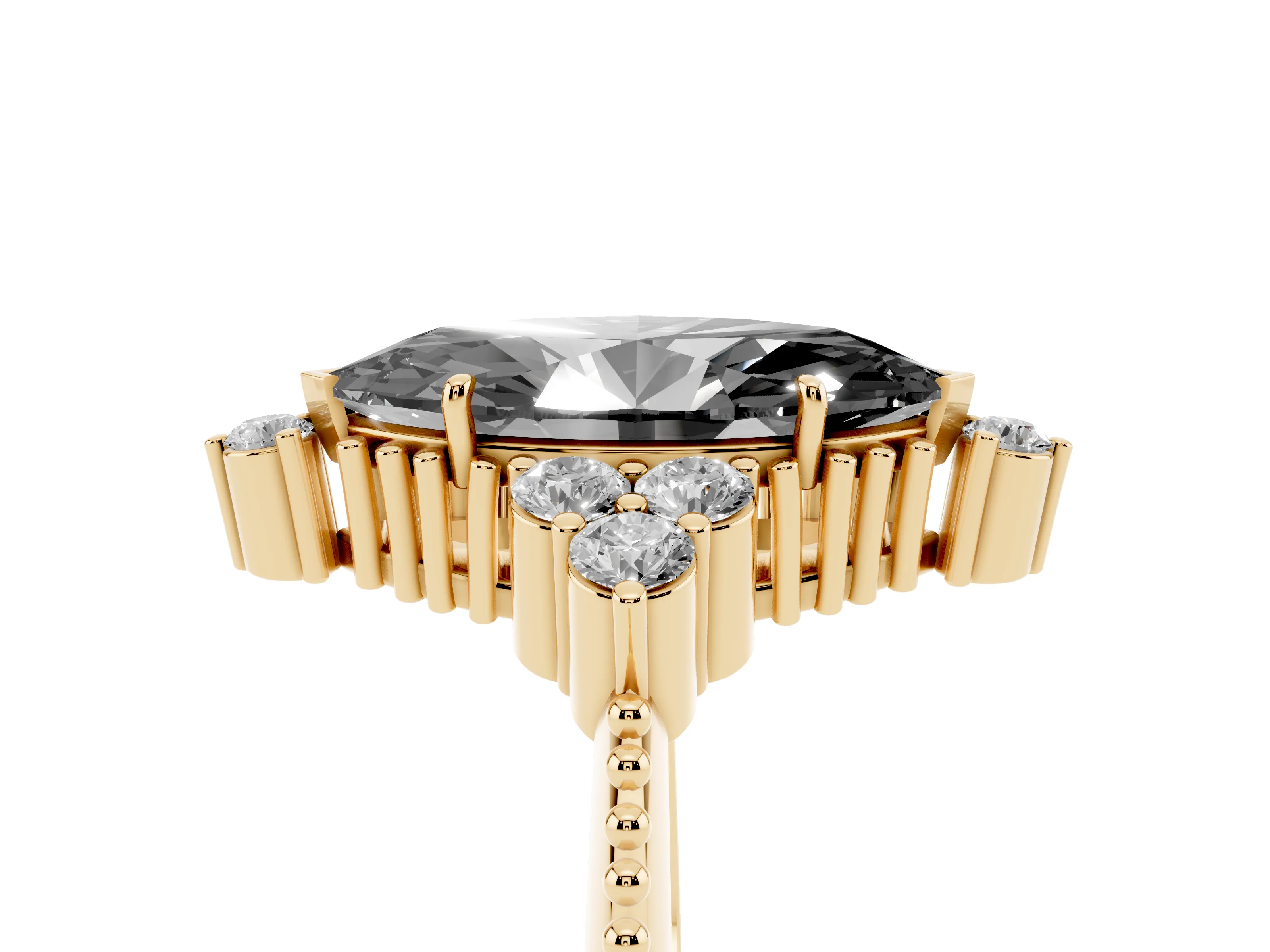 Fancy Black Marquise Cut Diamond Cluster Ring Set in Yellow gold with Beaded Band