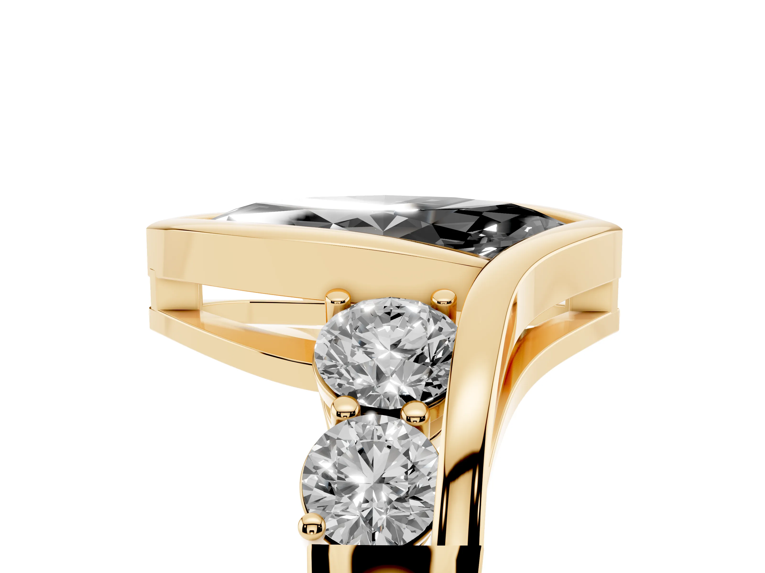 Fancy Black Marquise Cut Diamond Bezel Bypass Ring Set in Yellow gold with Round Accents