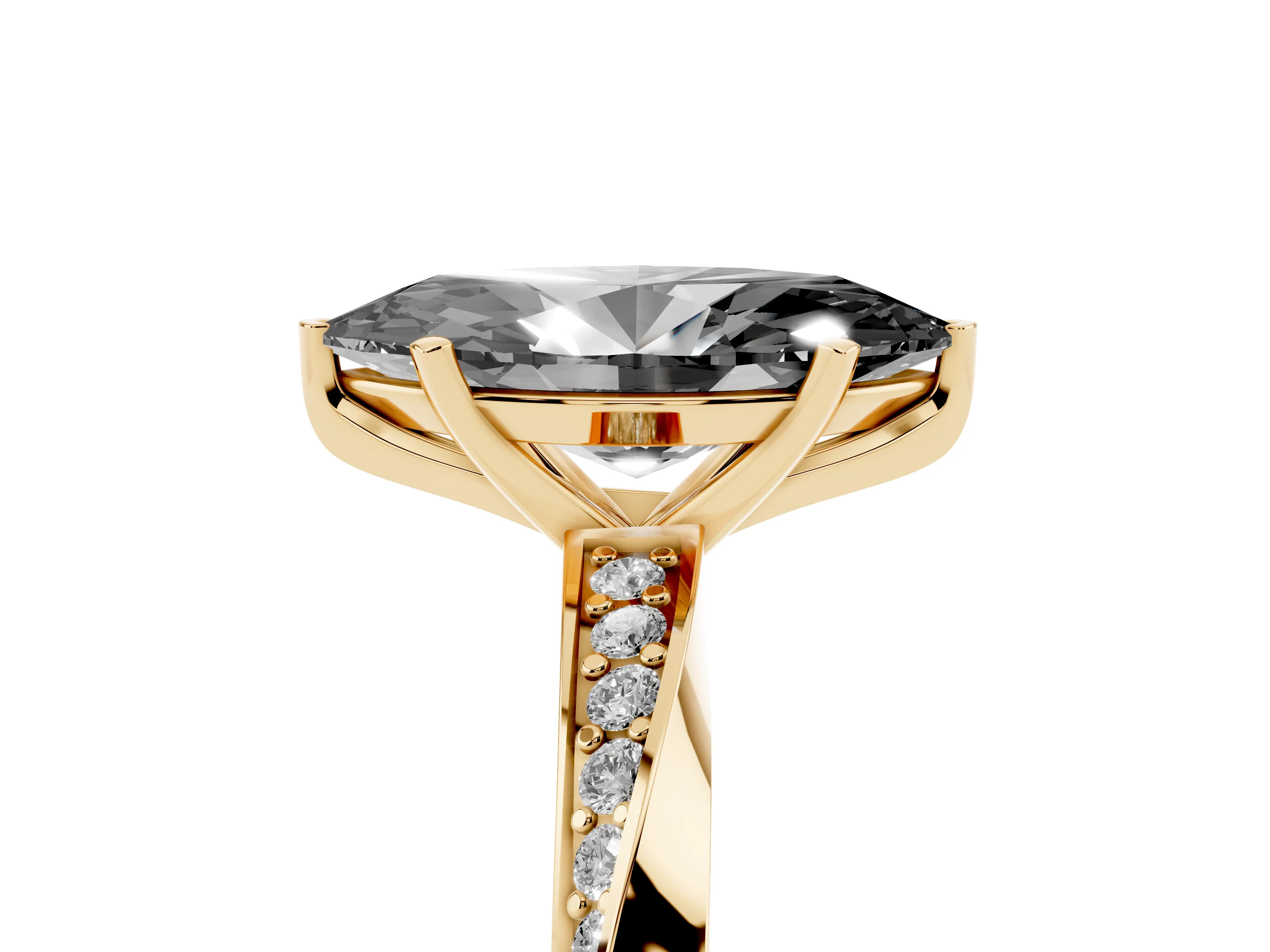 Fancy Black Marquise Cut Diamond Engagement Ring Set in Yellow gold with Side Stone Accents and Prong Setting