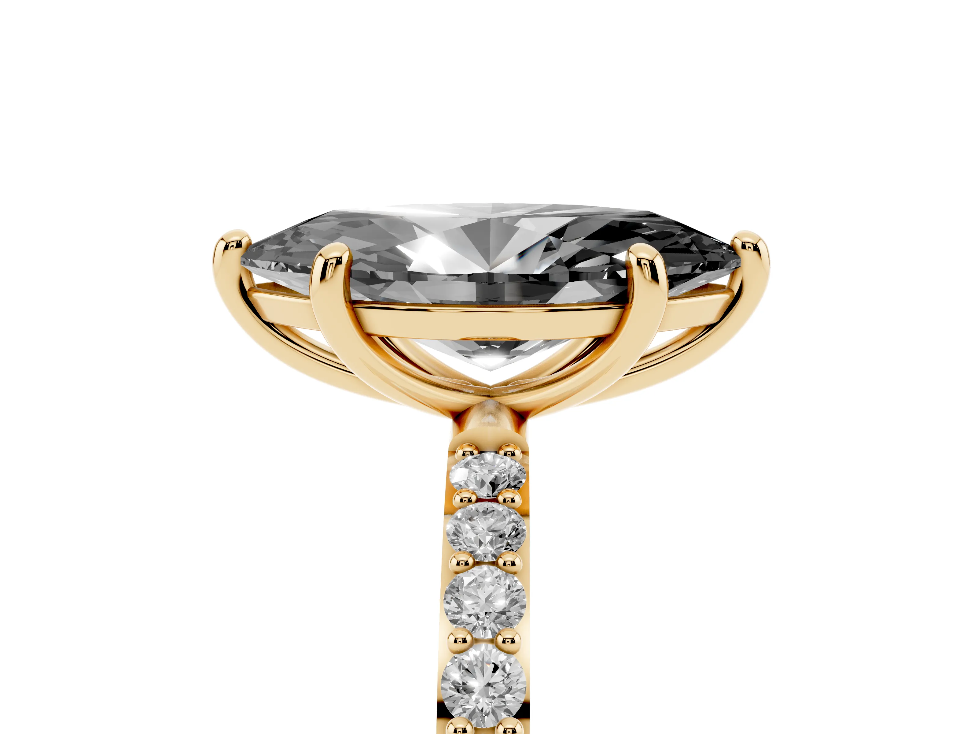 Fancy Black Marquise Cut Diamond Solitaire Ring Set in Yellow gold with Round Pavé Band and Prong Setting