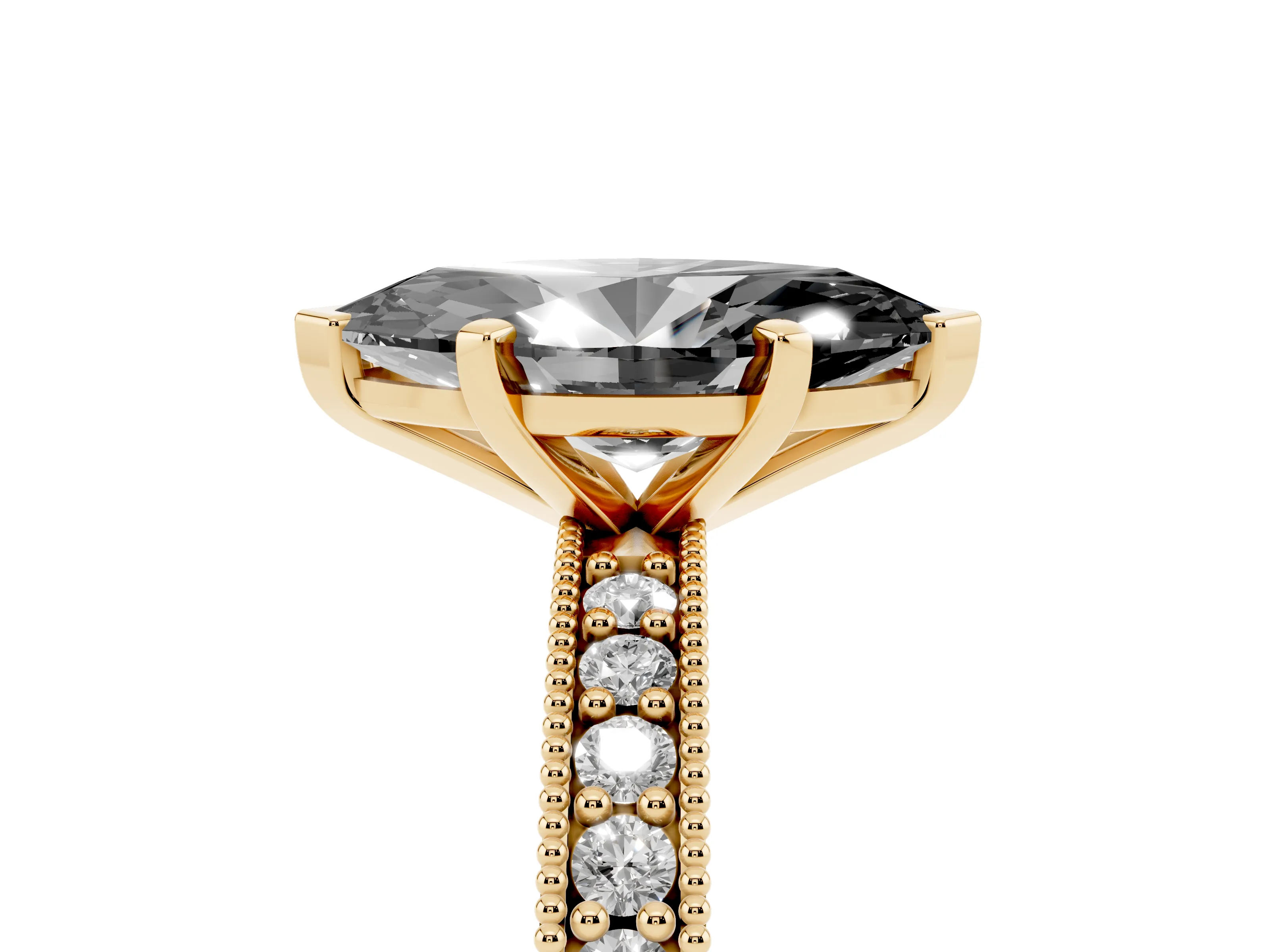 Fancy Black Marquise Cut Diamond Milgrain Pavé Engagement Ring Set in Yellow gold with Prong Setting