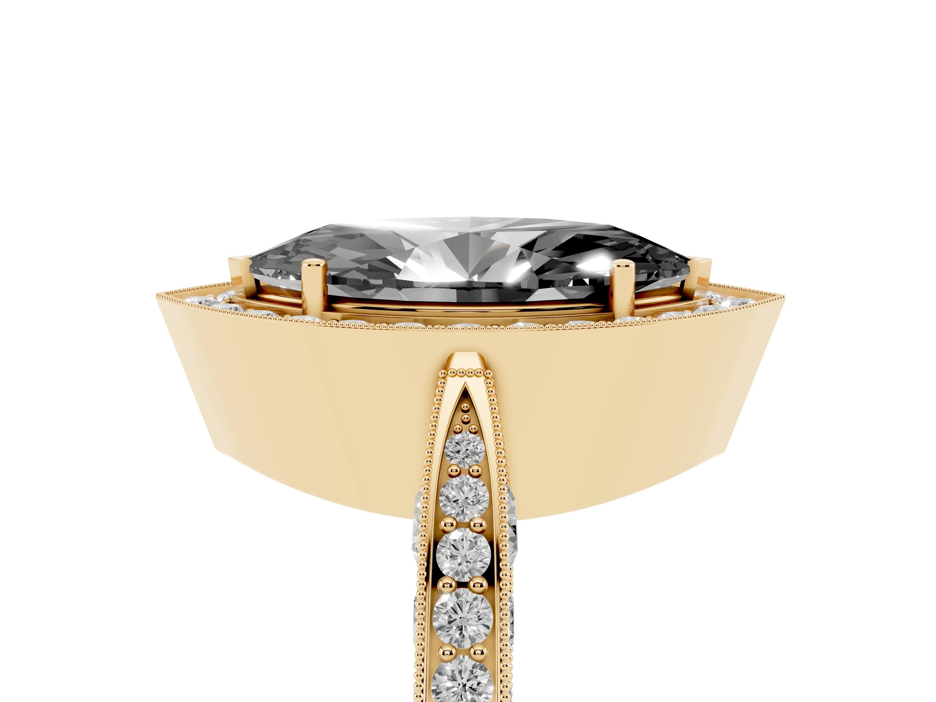 Fancy Black Marquise Cut Diamond Halo Engagement Ring Set in Yellow gold with Accent Split Shank Band