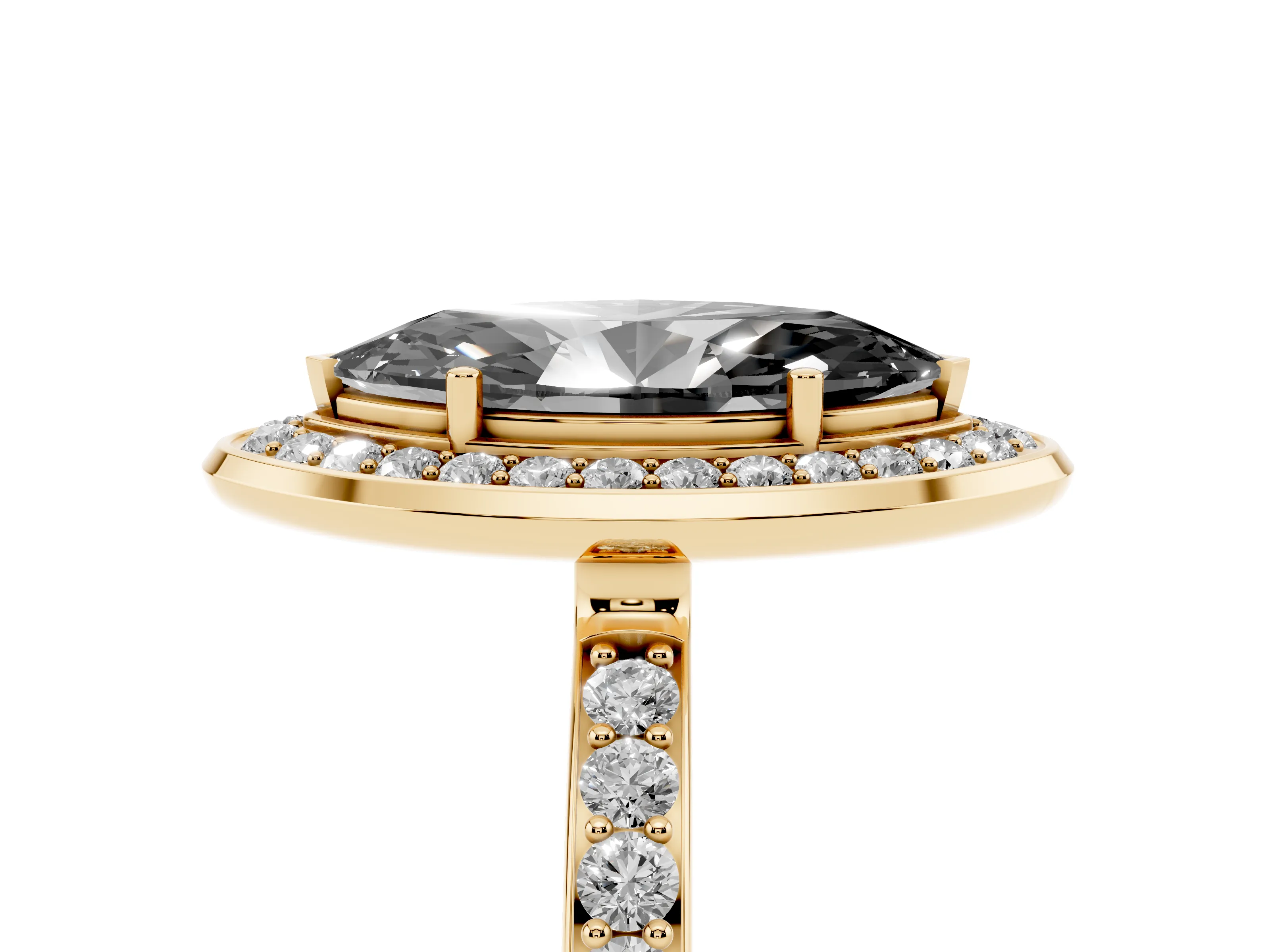 Fancy Black Marquise Cut Diamond Halo Ring Set in Yellow gold with Bezel Frame and Pavé Band