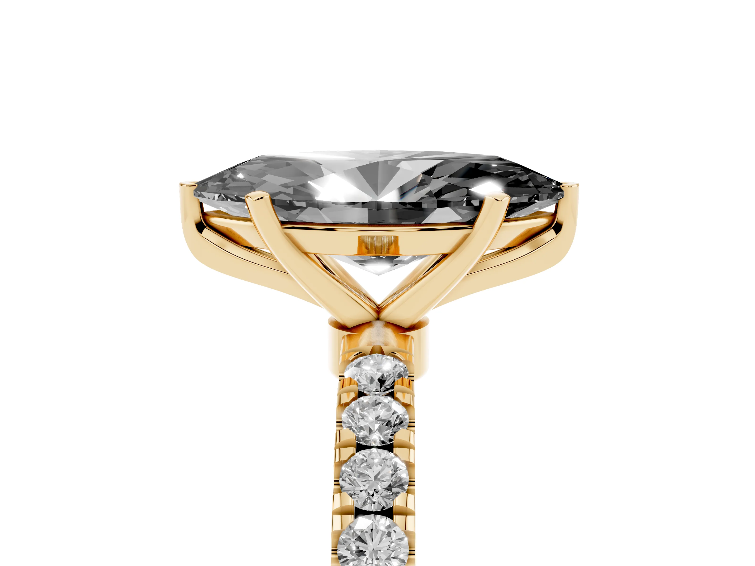 Fancy Black Marquise Cut Diamond Solitaire Ring Set in Yellow gold with Pavé Accents and Prong Setting
