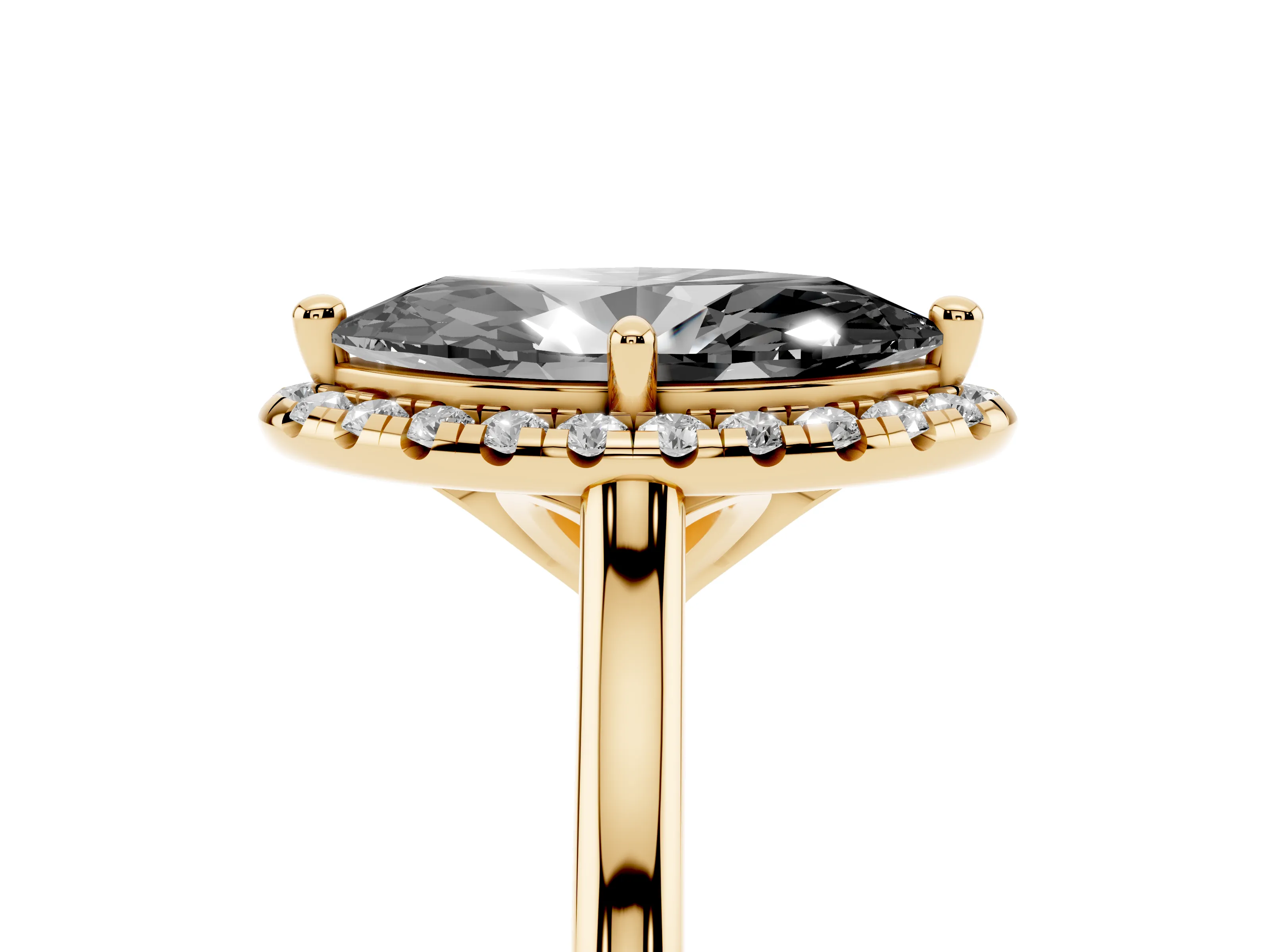 Fancy Black Marquise Cut Diamond Halo Engagement Ring Set in Yellow gold with Pavé Band and Rising Shoulders