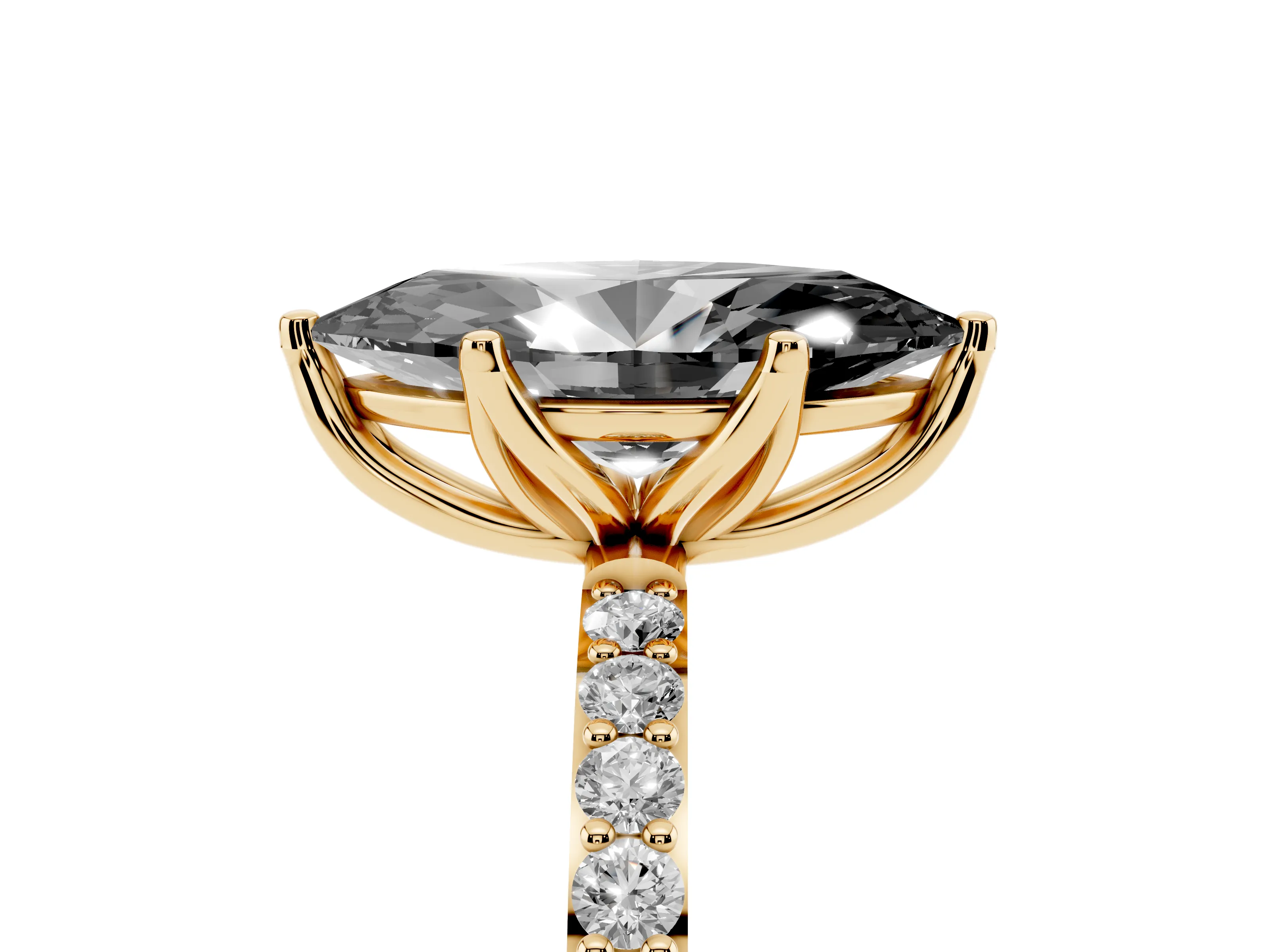 Fancy Black Marquise Cut Diamond Solitaire Engagement Ring Set in Yellow gold with Round Pavé Band and Prong Setting
