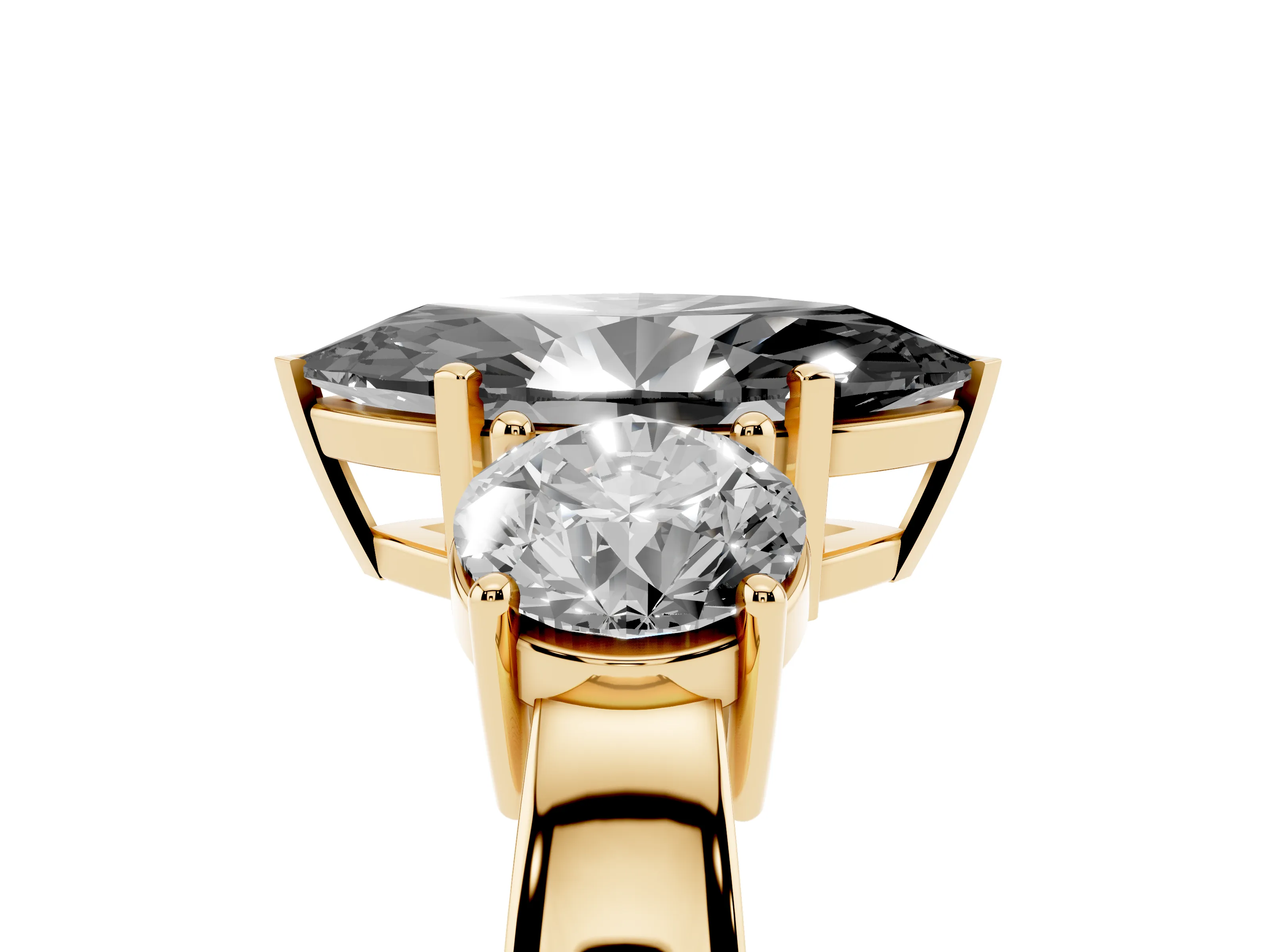 Fancy Black Marquise Cut Diamond Three-Stone Ring Set in Yellow gold with Round Side Stones and Classic Band