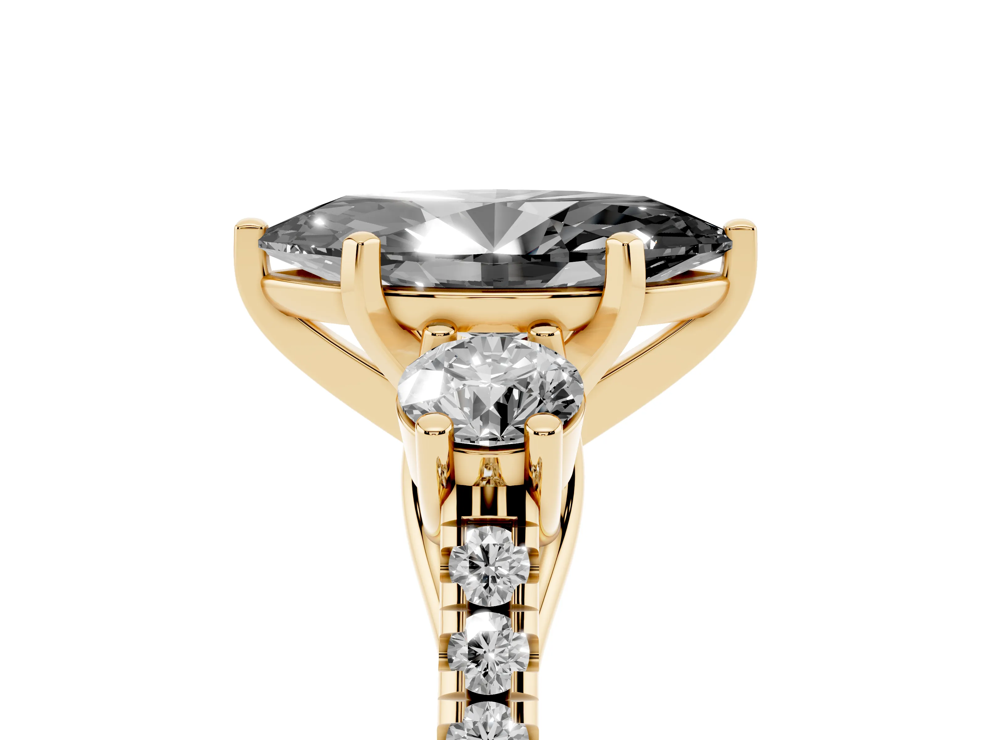 Fancy Black Three-Stone Marquise Cut Diamond Pavé Band Ring Set in Yellow gold with Prong-Set Trio