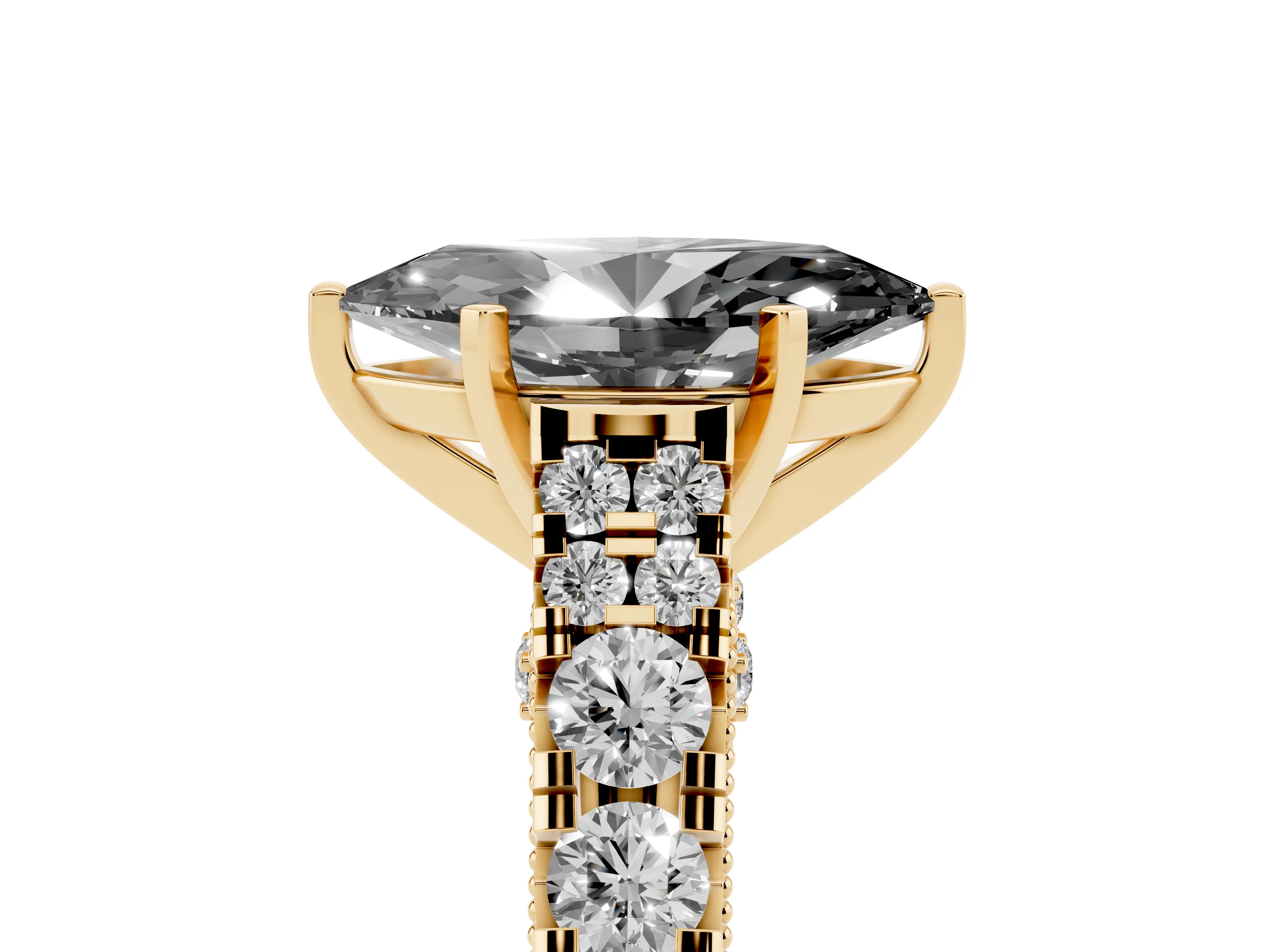 Fancy Black Marquise Cut Diamond Classic Solitaire Ring Set in Yellow gold with Pavé Band and Prong Setting