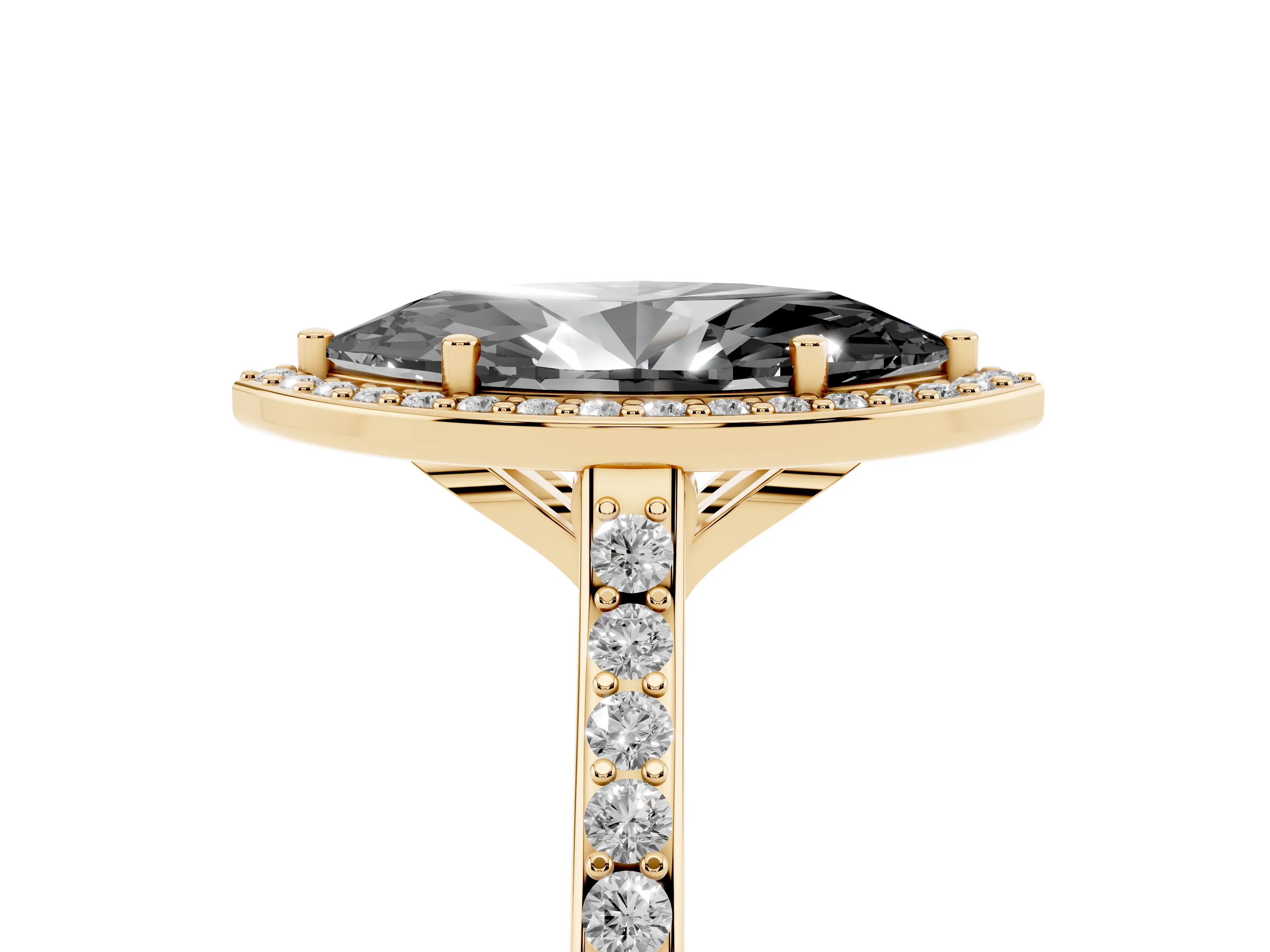 Fancy Black Marquise Cut Diamond Halo Engagement Ring Set in Yellow gold with Round Pavé Shoulders and Heart Gallery
