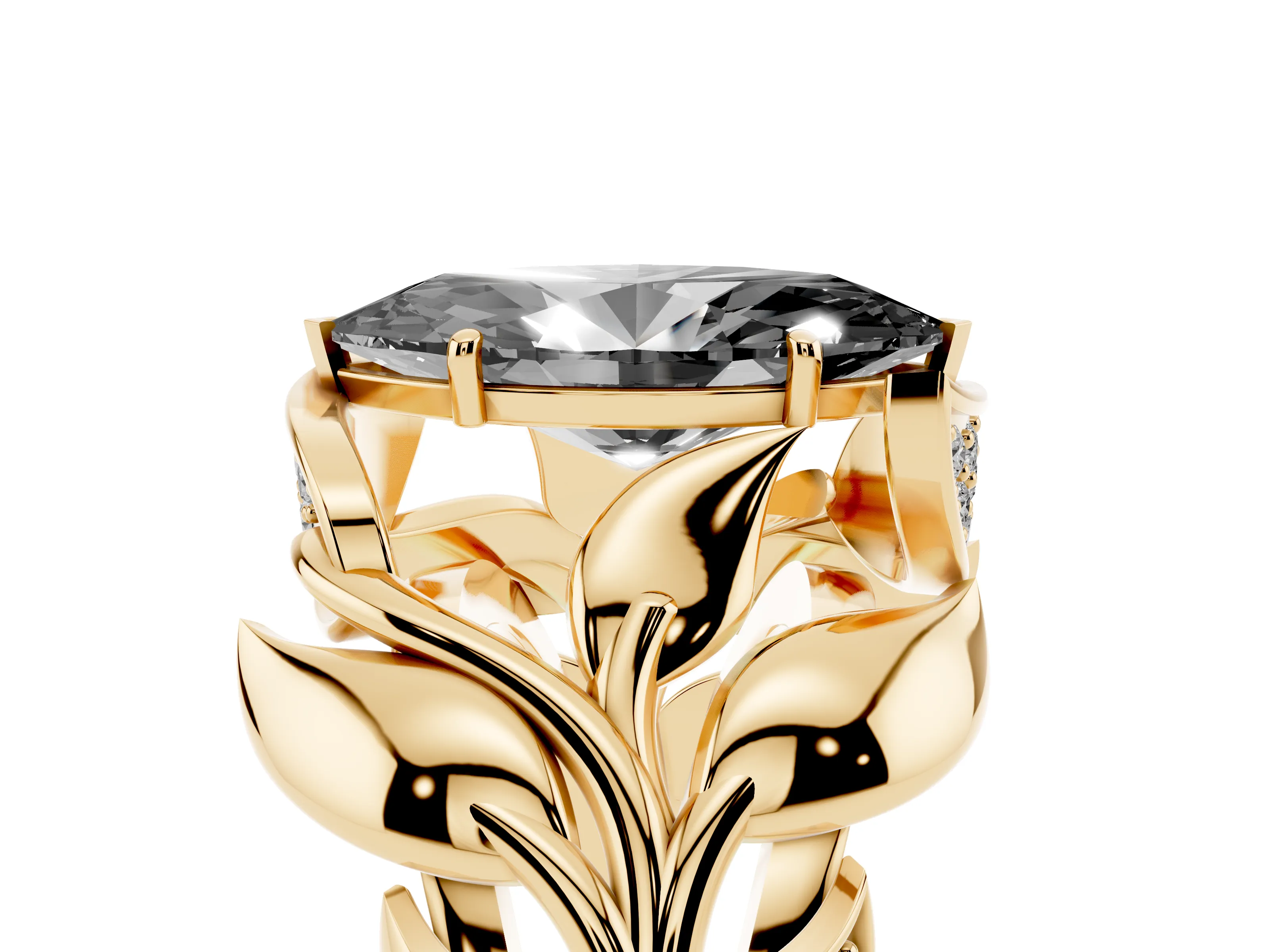 Fancy Black Marquise Cut Diamond Leaf-Inspired Engagement Ring Set in Yellow gold with Round Accents