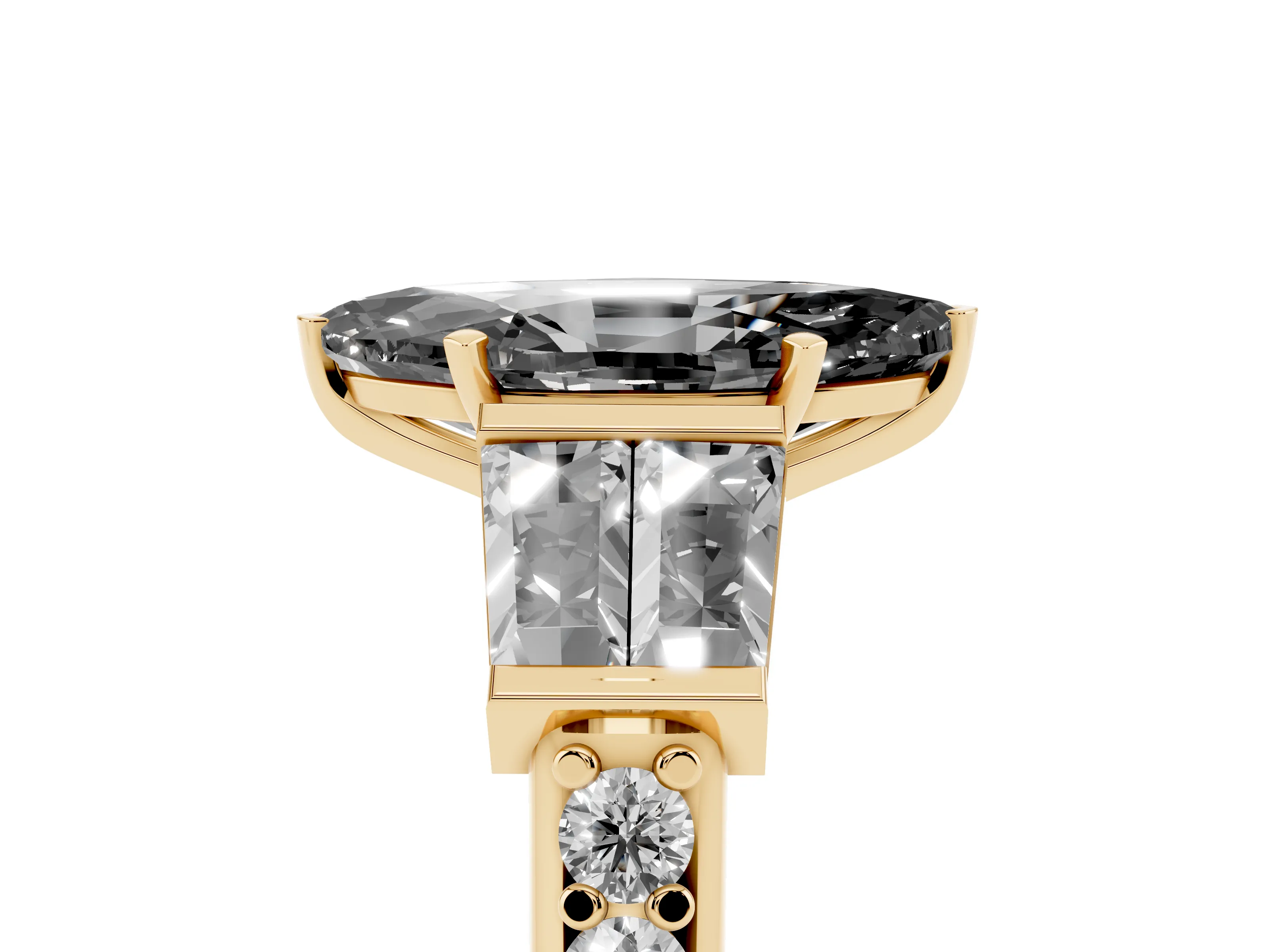 Fancy Black Marquise Cut Diamond Engagement Ring Set in Yellow gold with Baguette Side Stones and Channel Set Band