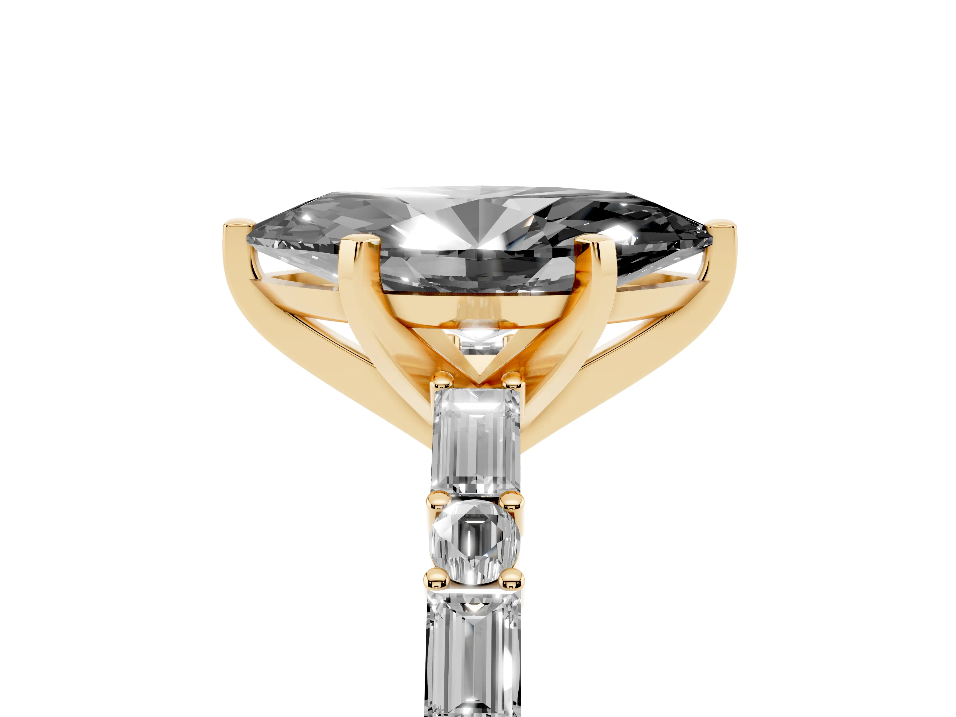 Fancy Black Marquise Cut Diamond Solitaire Set in Yellow gold with Side Baguettes and Channel Set Band