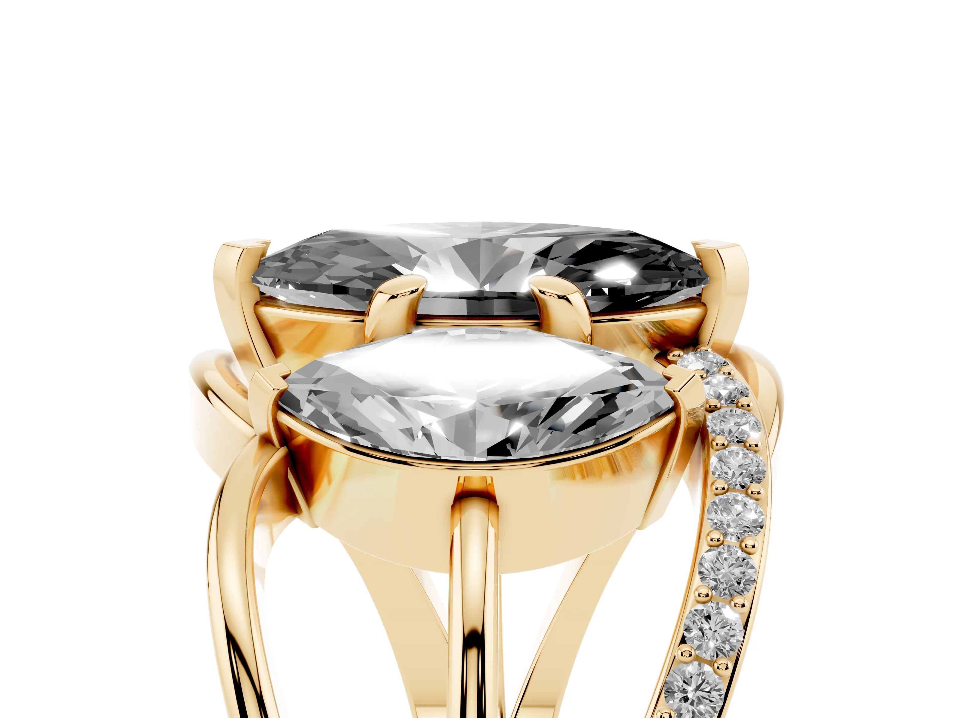 Fancy Black Marquise Cut Diamond Three-Stone Ring Set in Yellow gold with Split Shank and Prong Setting