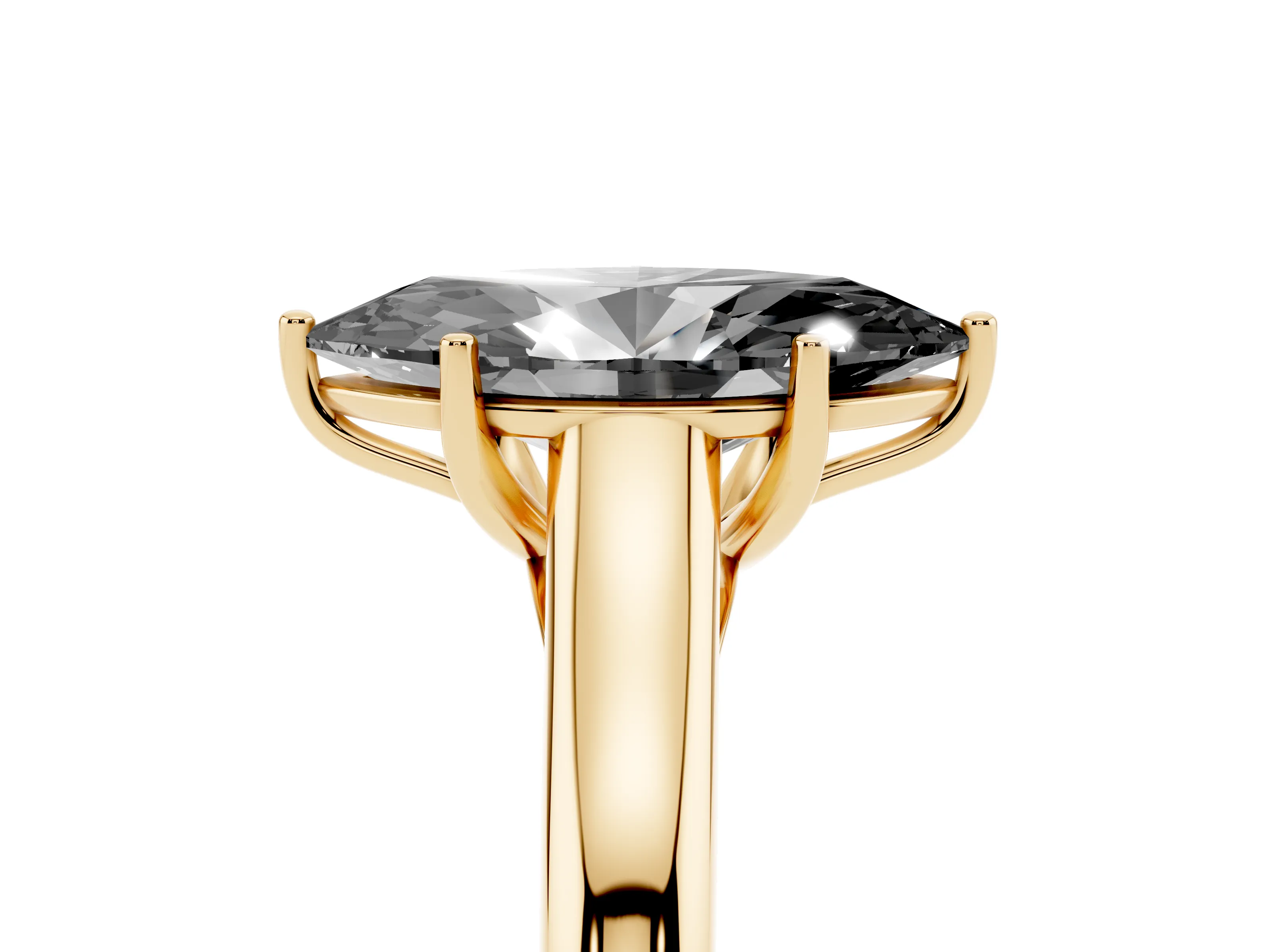 Fancy Black Marquise Cut Diamond Solitaire Engagement Ring Set in Yellow gold with Subtly Tapered Band and Prong Setting