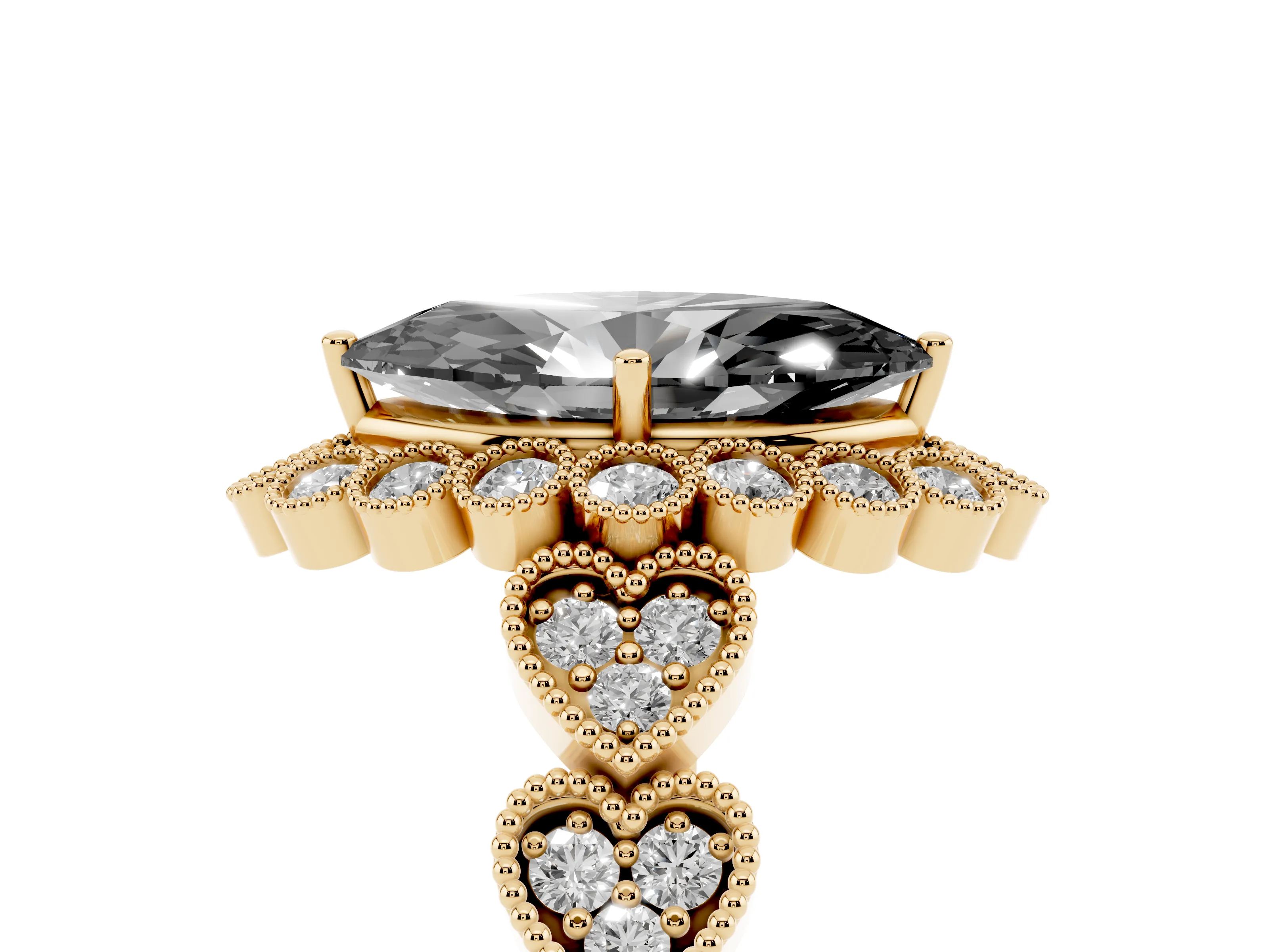 Fancy Black Marquise Cut Diamond Solitaire Ring Set in Yellow gold with Milgrain Pavé Heart Band