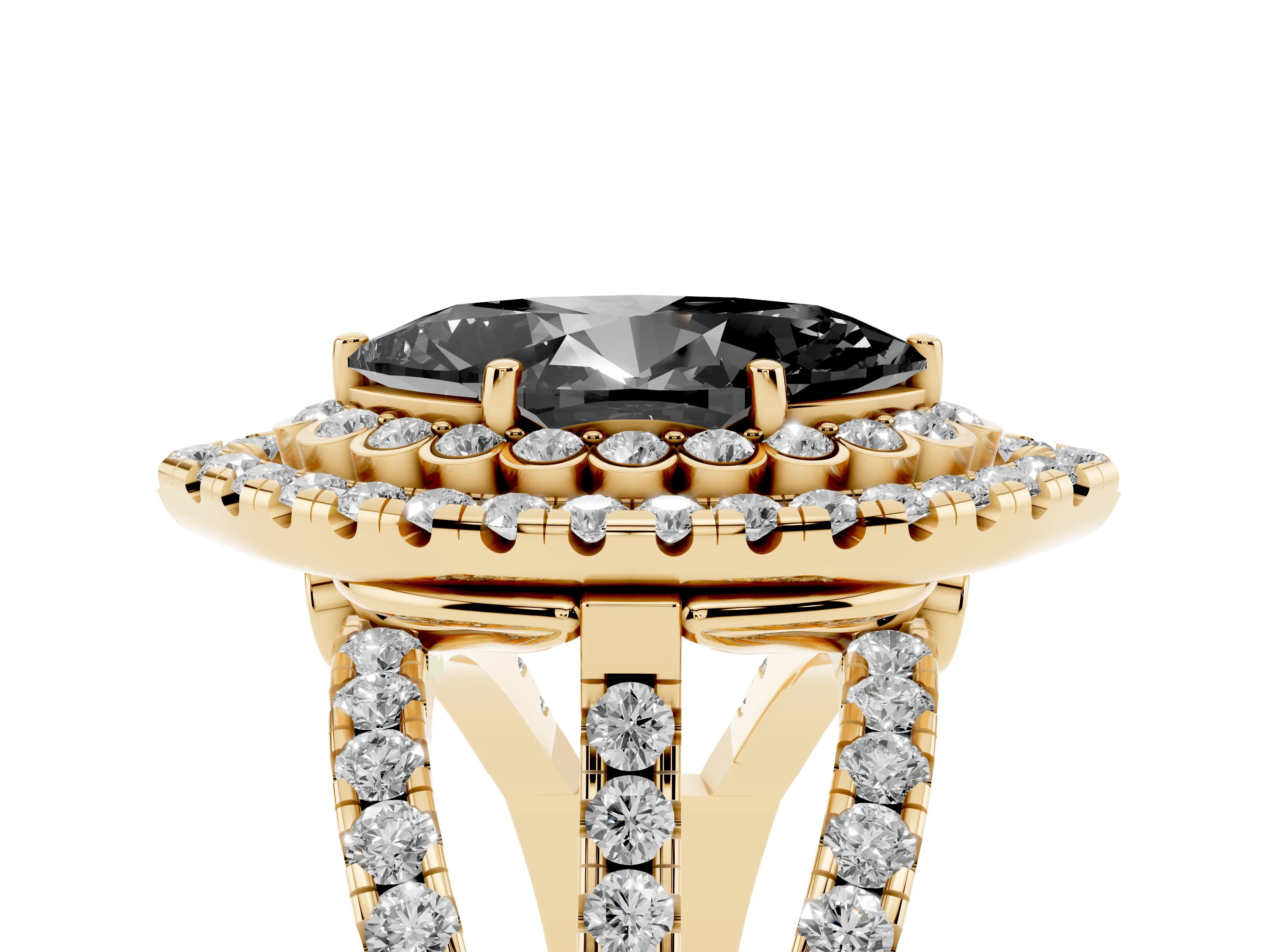 Fancy Black Marquise Cut Diamond Double Halo Ring Set in Yellow gold with Round Pavé Split Shank