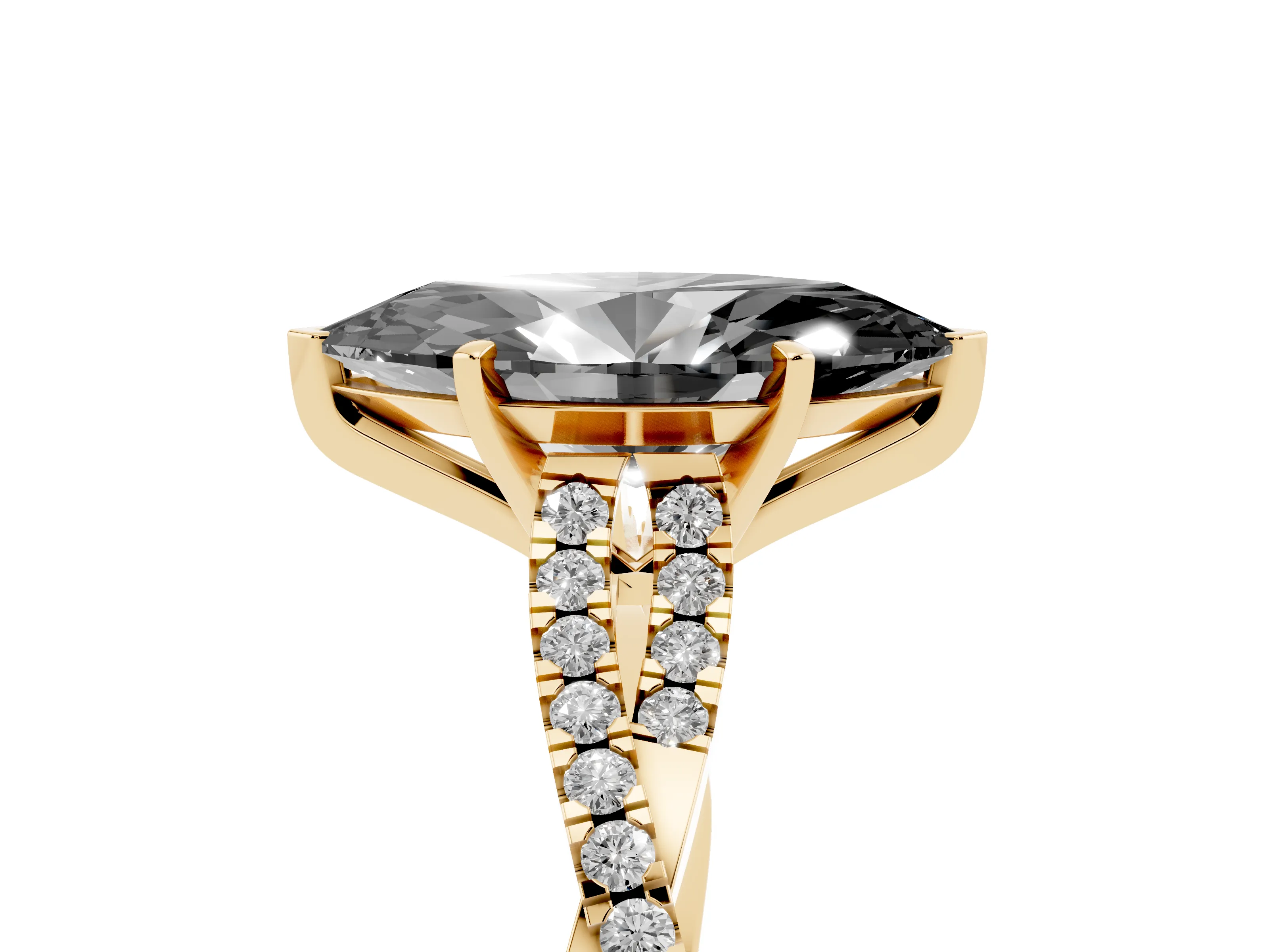 Fancy Black Marquise Cut Diamond Solitaire Engagement Ring Set in Yellow gold with Twisted Pavé Band and Prong Setting