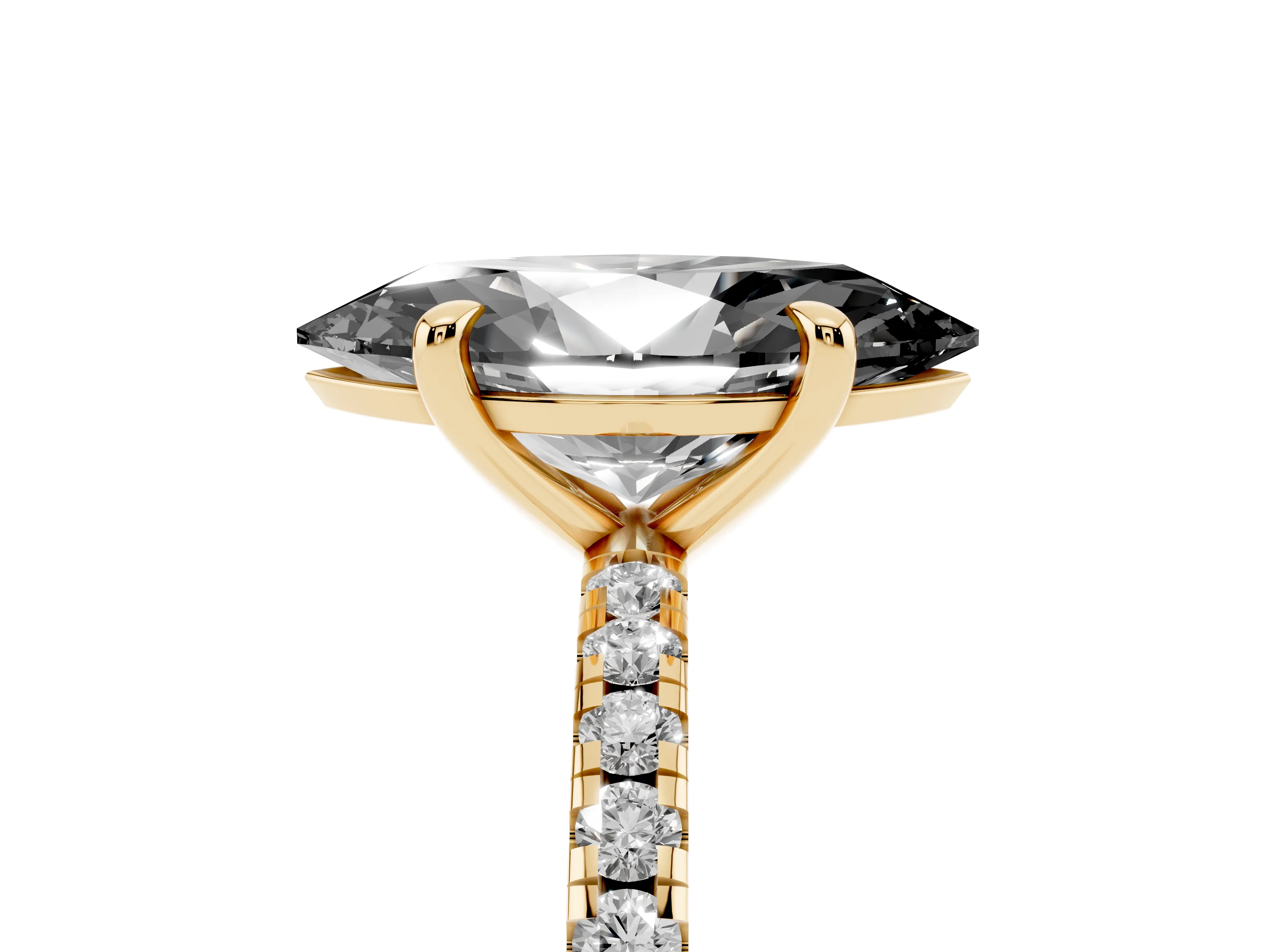 Fancy Black Marquise Cut Diamond Brilliant Solitaire Ring Set in Yellow gold with Pavé Band and Prong Setting