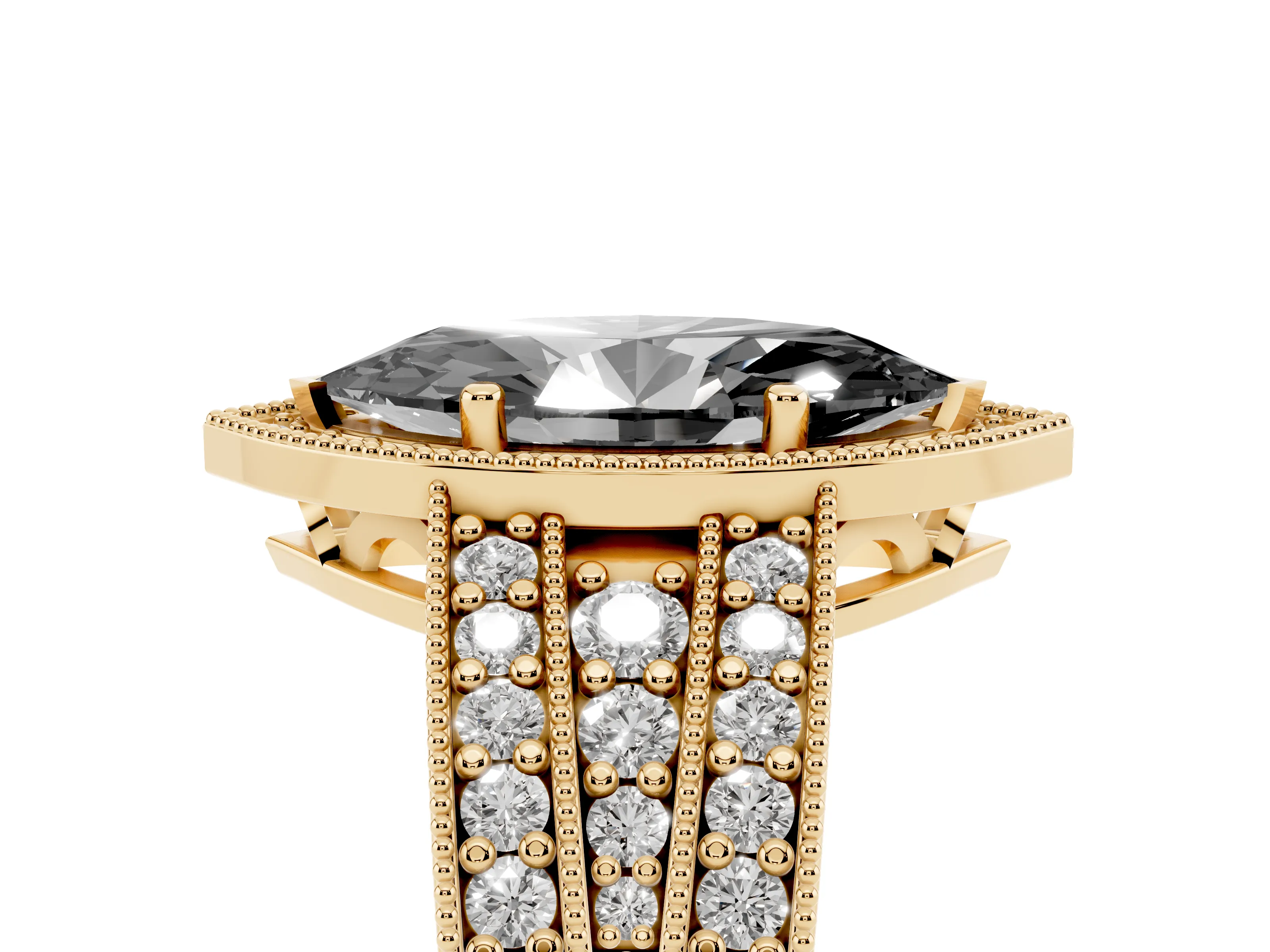 Fancy Black Marquise Cut Diamond Halo Ring Set in Yellow gold with Accent Split Shank and Prong Setting