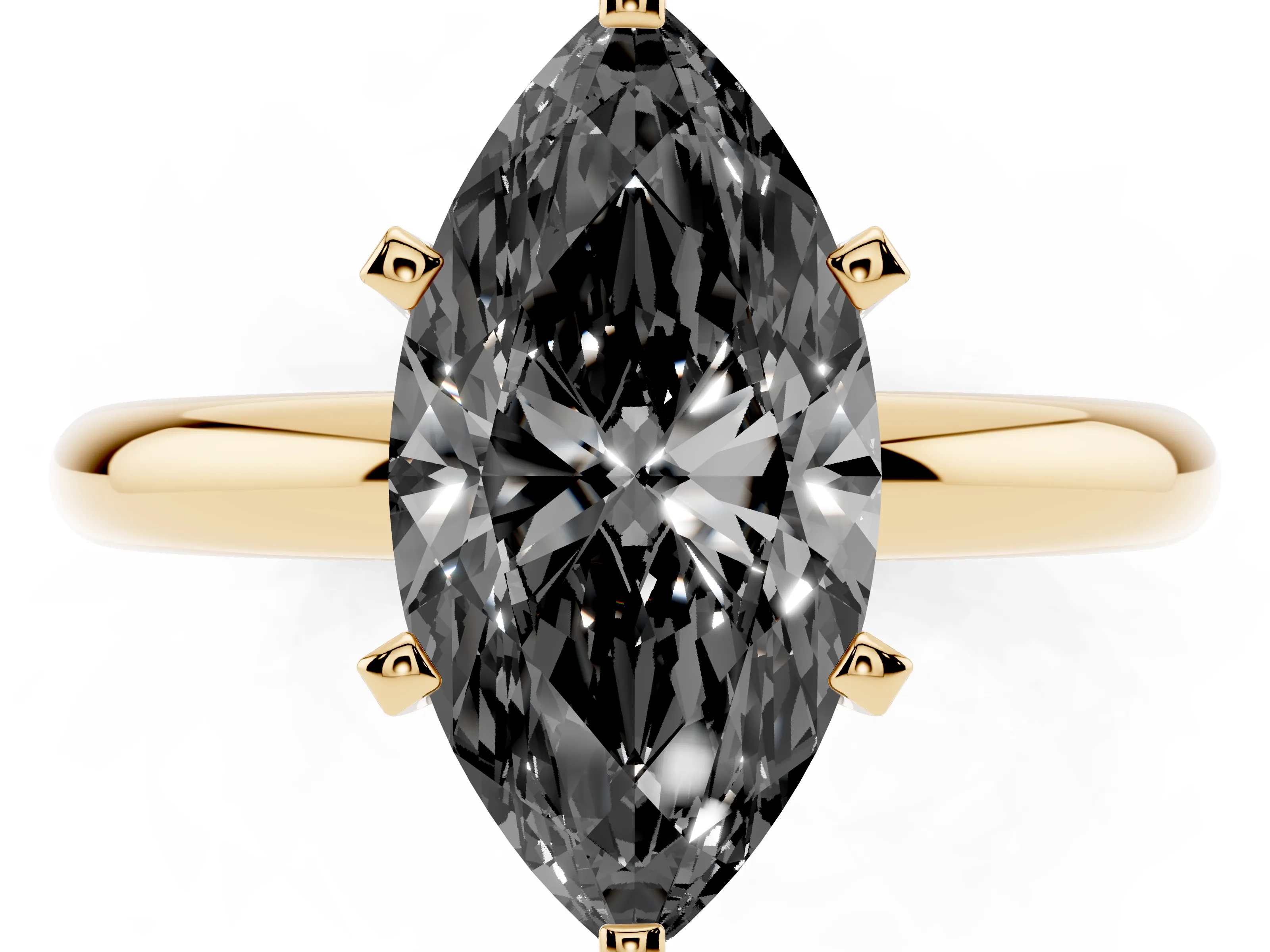 Fancy Black Marquise Cut Diamond Solitaire Engagement Ring Set in Yellow gold with Round Band and Prong Setting