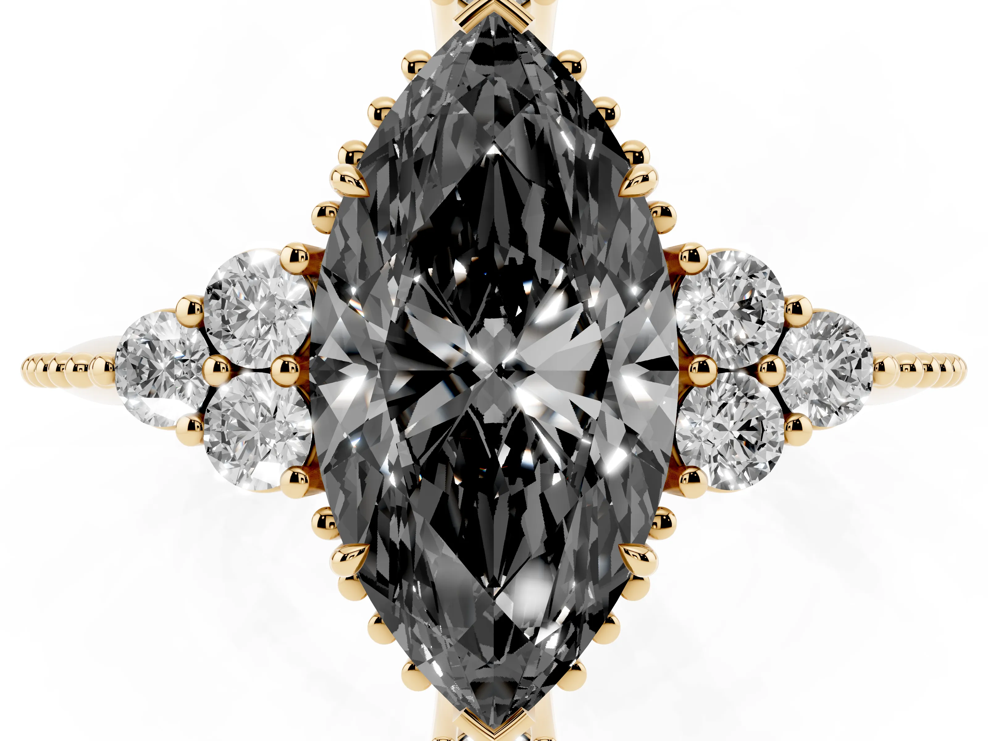 Fancy Black Marquise Cut Diamond Cluster Ring Set in Yellow gold with Beaded Band