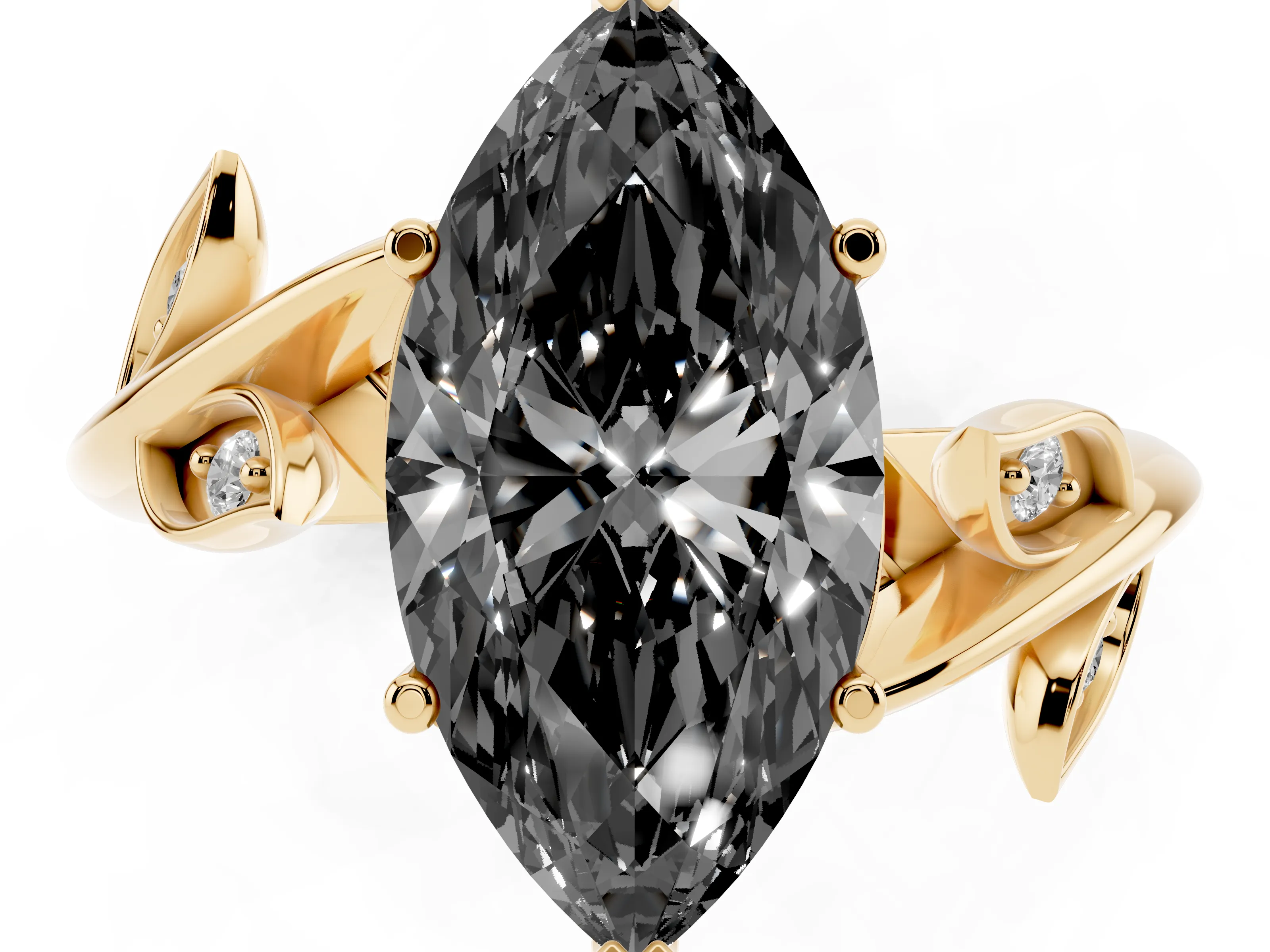Fancy Black Marquise Cut Diamond Solitaire Twist Engagement Ring Set in Yellow gold with Pavé Leaf Accents