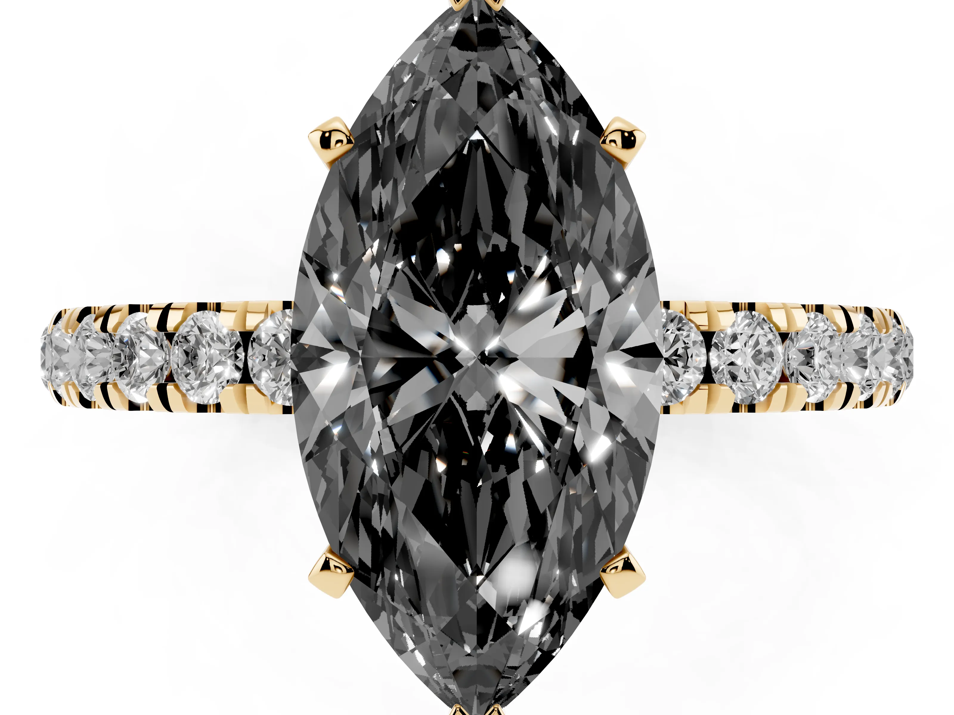 Fancy Black Marquise Cut Diamond Solitaire Ring Set in Yellow gold with Pavé Accents and Prong Setting