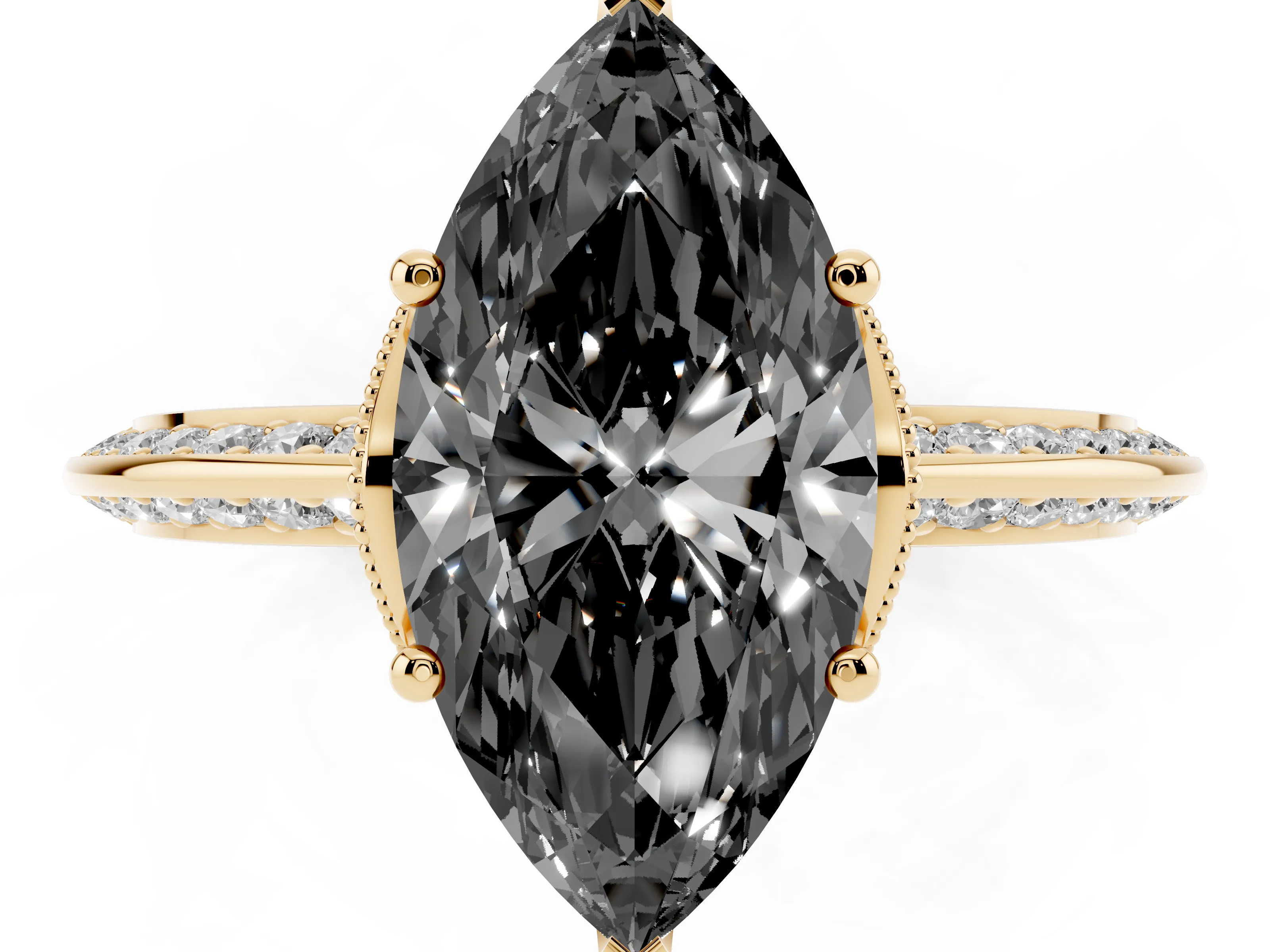 Fancy Black Marquise Cut Diamond Solitaire Engagement Ring Set in Yellow gold with Pavé Split Shank and Prong Setting