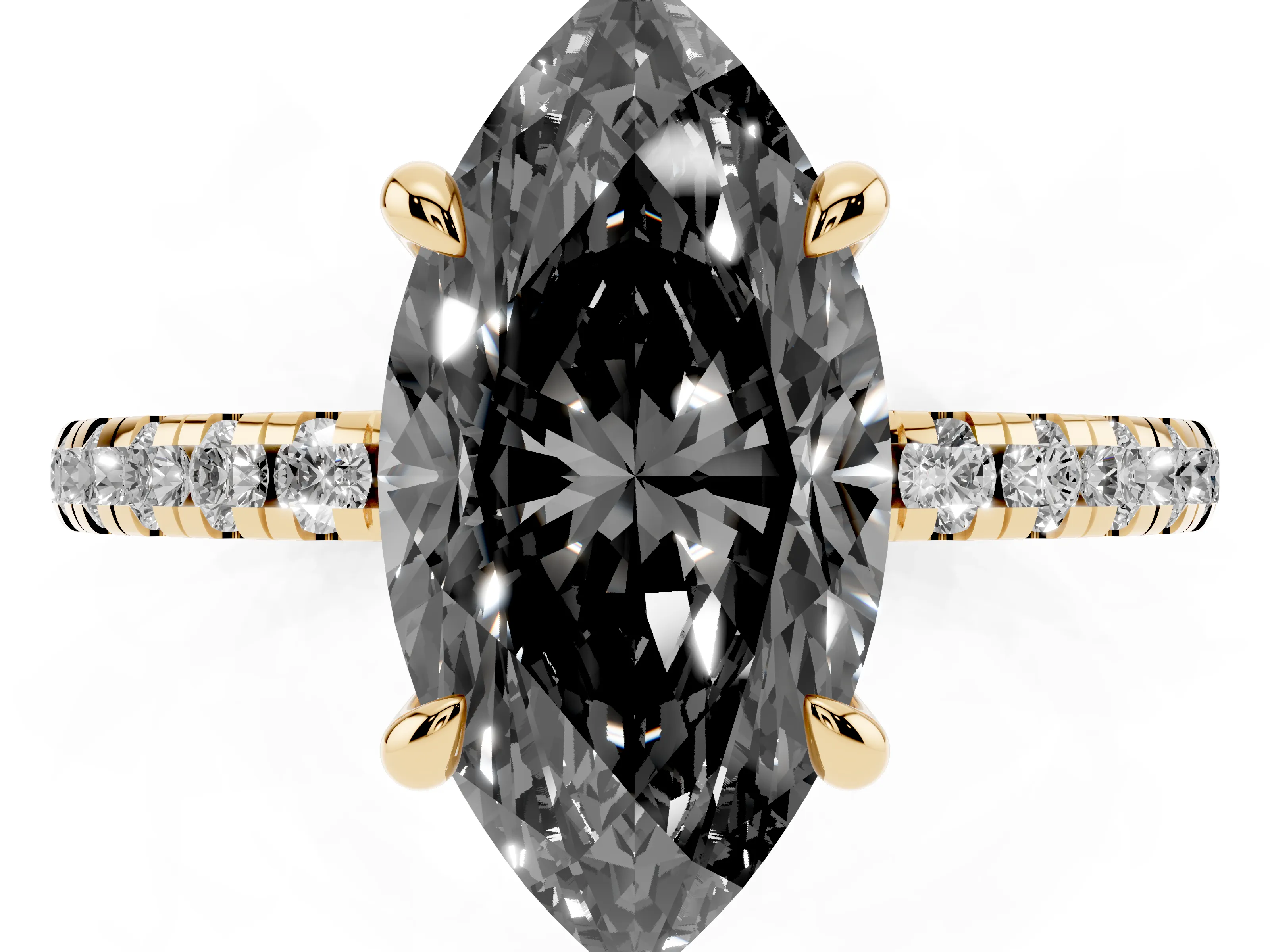 Fancy Black Marquise Cut Diamond Brilliant Solitaire Ring Set in Yellow gold with Pavé Band and Prong Setting