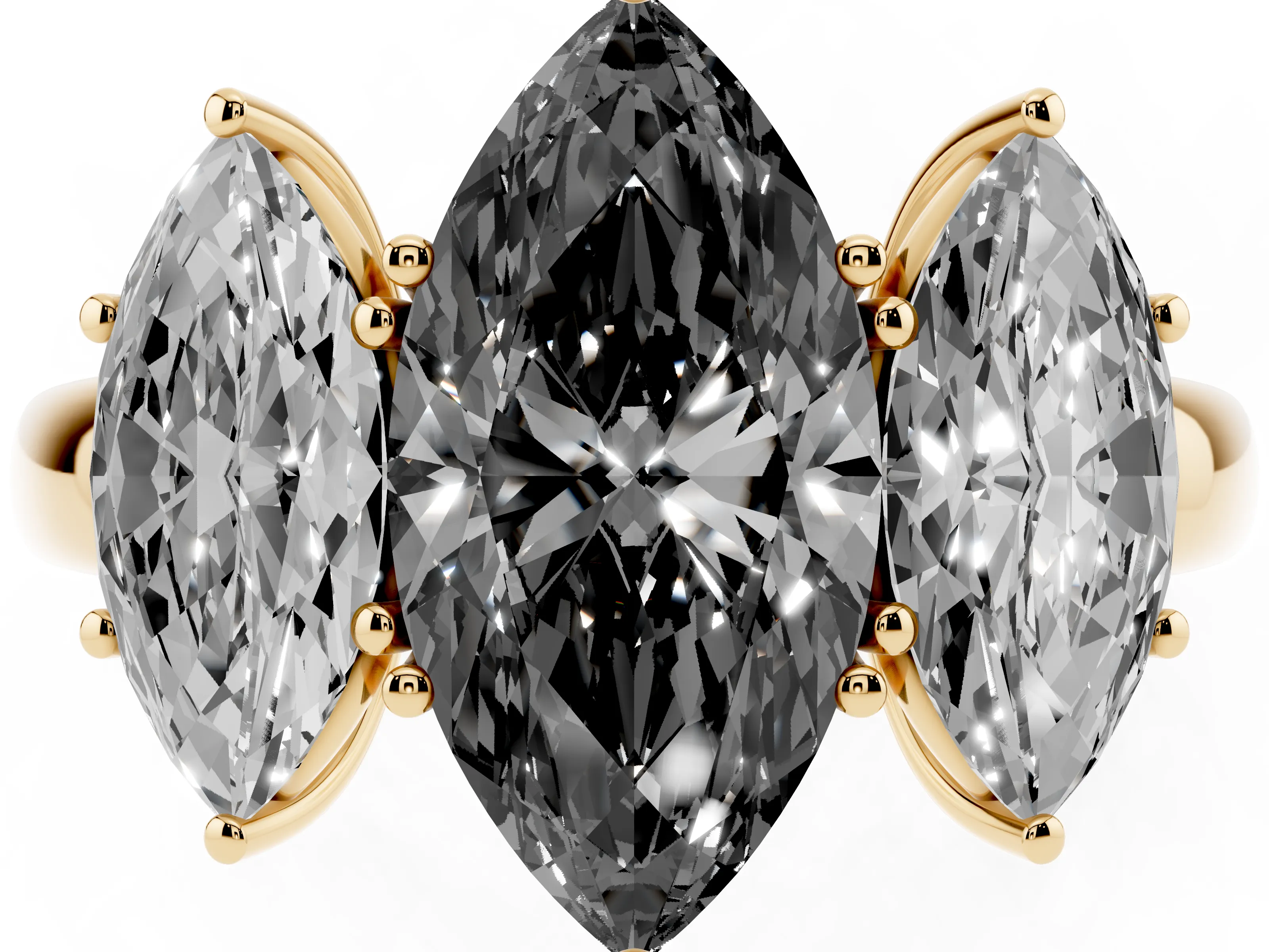 Fancy Black Marquise Cut Diamond Three-Stone Ring Set in Yellow gold with Bold Center and Classic Band