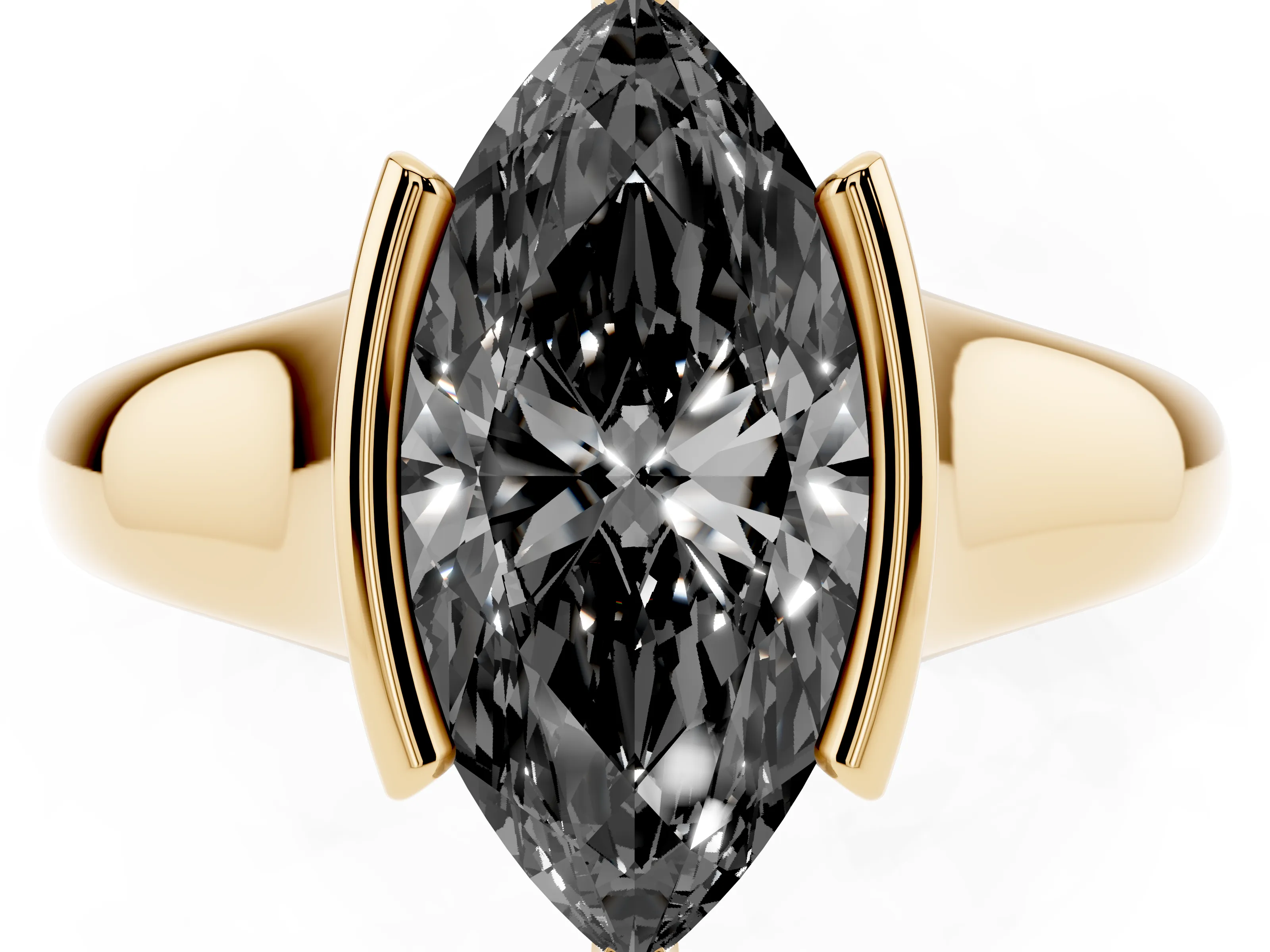 Fancy Black Marquise Cut Diamond Solitaire Tension Set Ring Set in Yellow gold with Split Shank Band