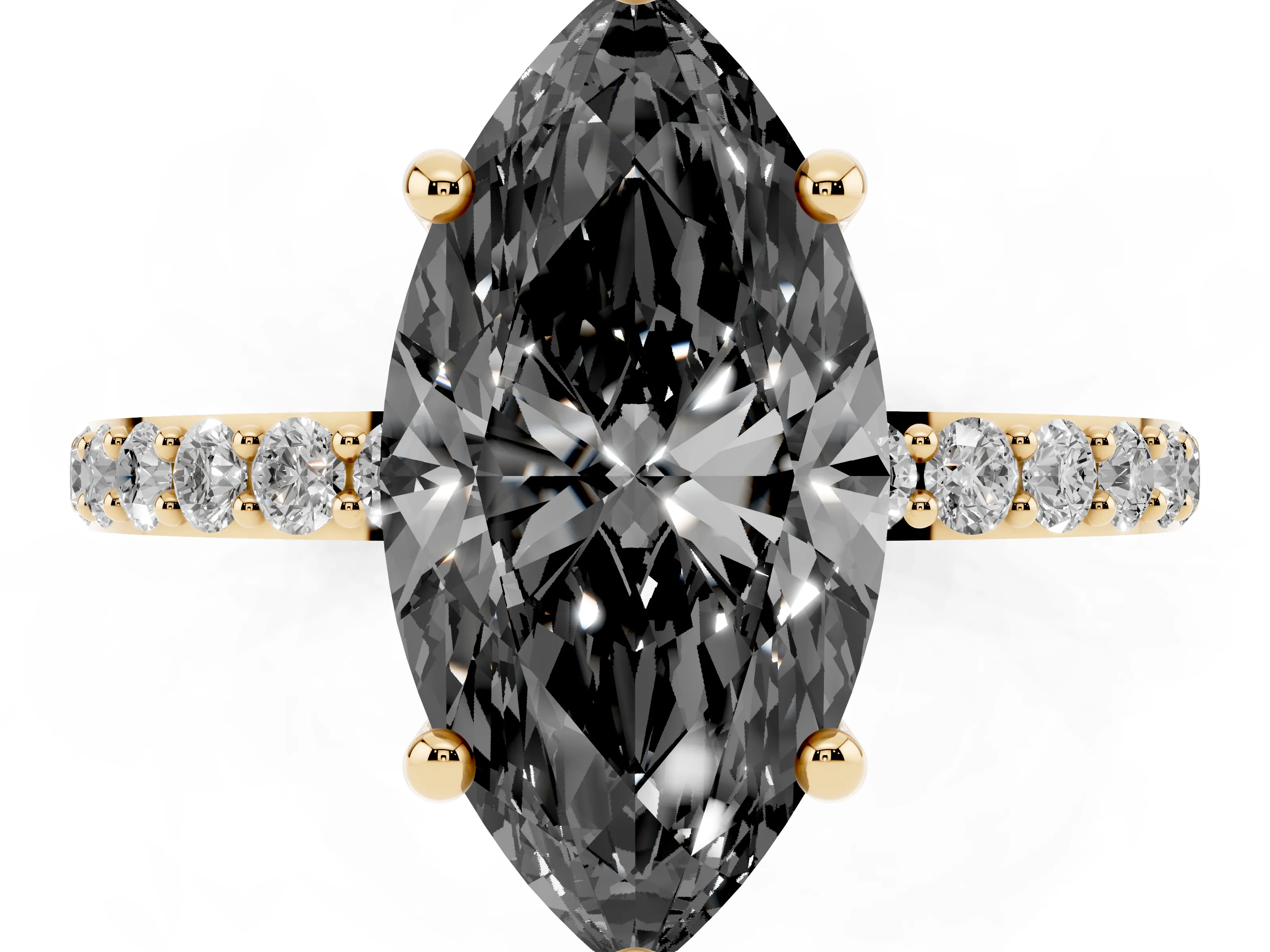 Fancy Black Marquise Cut Diamond Solitaire Ring Set in Yellow gold with Round Pavé Band and Prong Setting