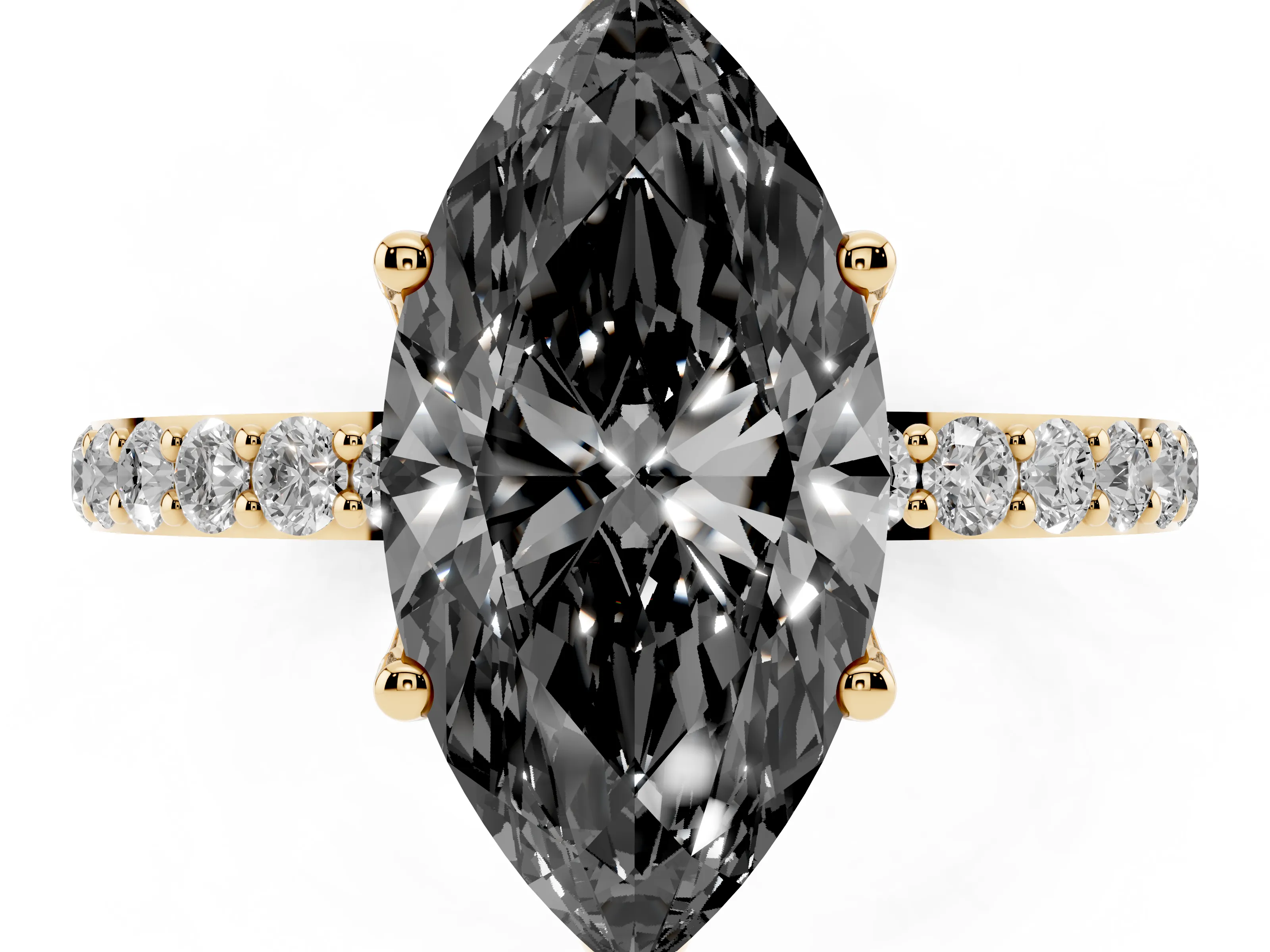 Fancy Black Marquise Cut Diamond Solitaire Engagement Ring Set in Yellow gold with Round Pavé Band and Prong Setting