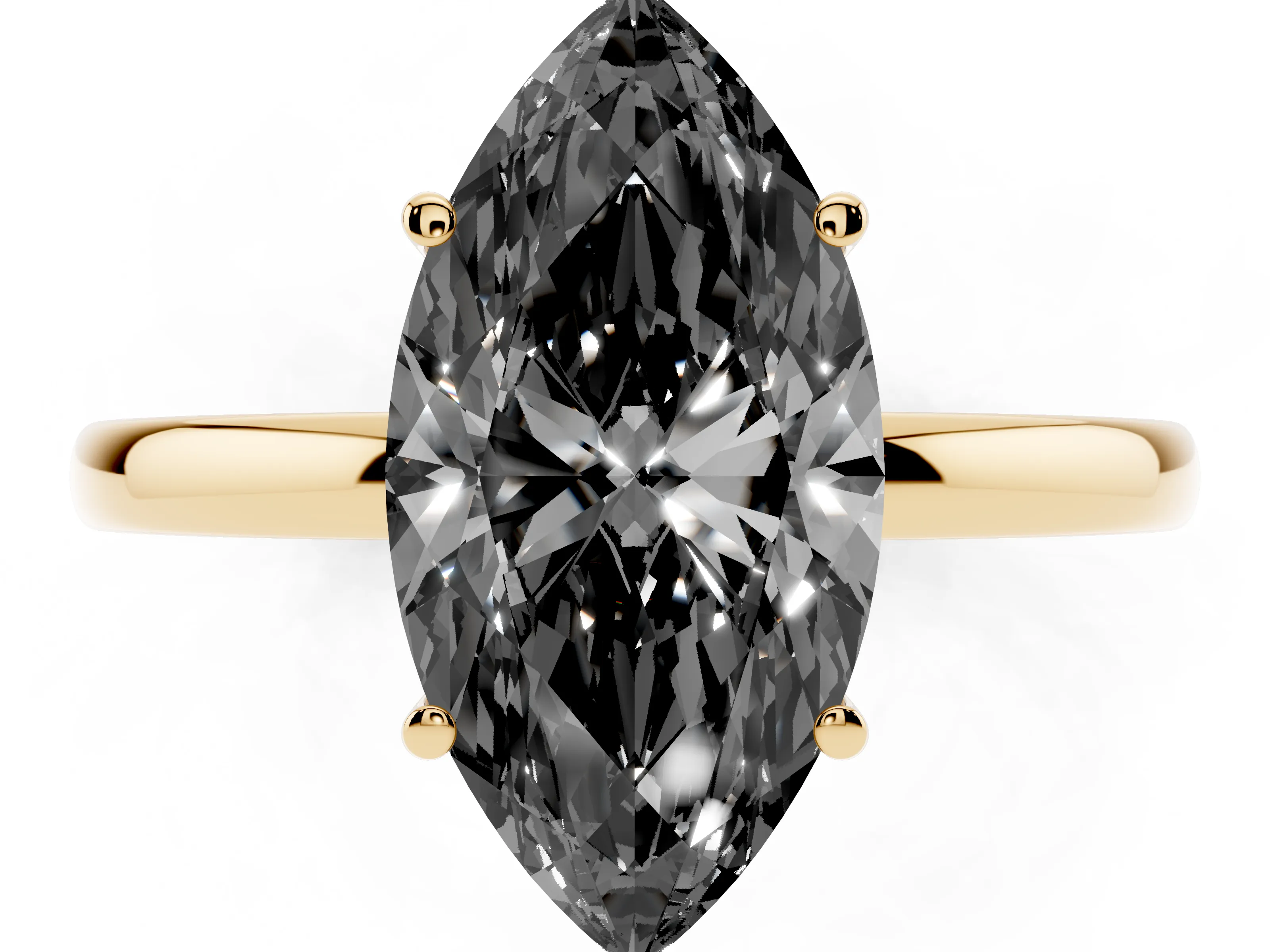 Fancy Black Marquise Cut Diamond Solitaire Ring Set in Yellow gold with Plain Band and Prong Setting