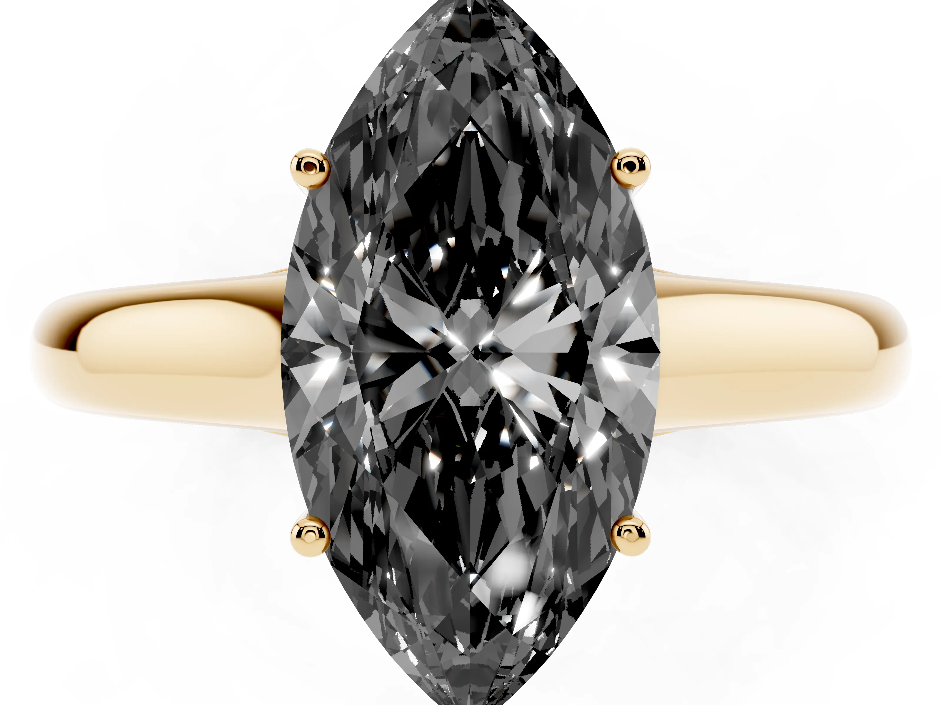 Fancy Black Marquise Cut Diamond Solitaire Engagement Ring Set in Yellow gold with Subtly Tapered Band and Prong Setting