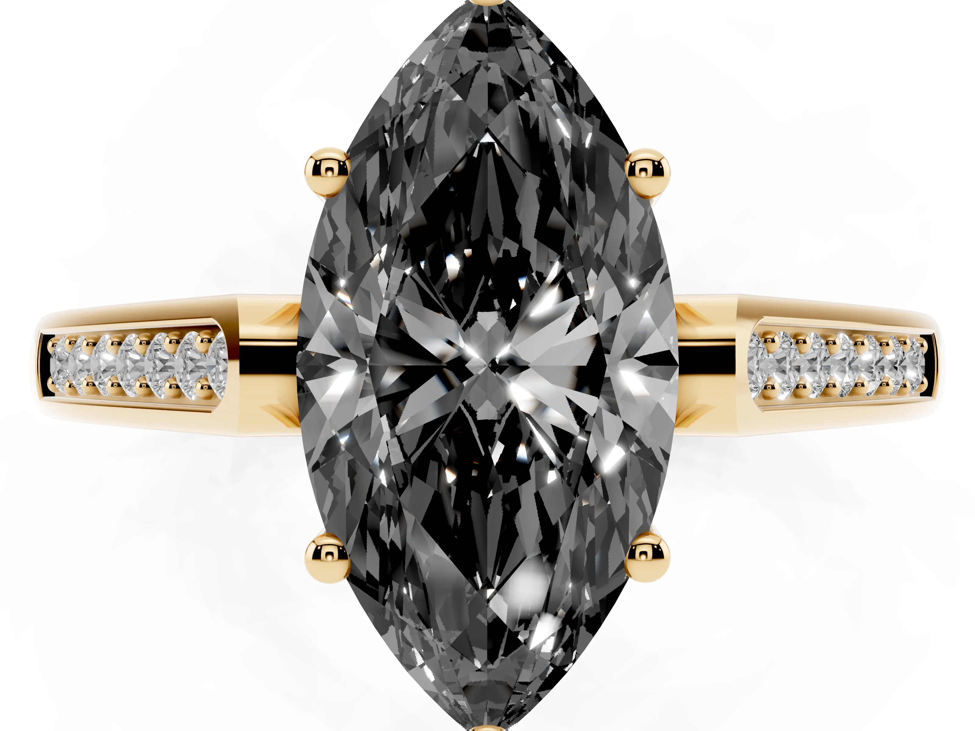 Fancy Black Marquise Cut Diamond Solitaire Cathedral Engagement Ring Set in Yellow gold with Channel-Set Band and Prong Setting