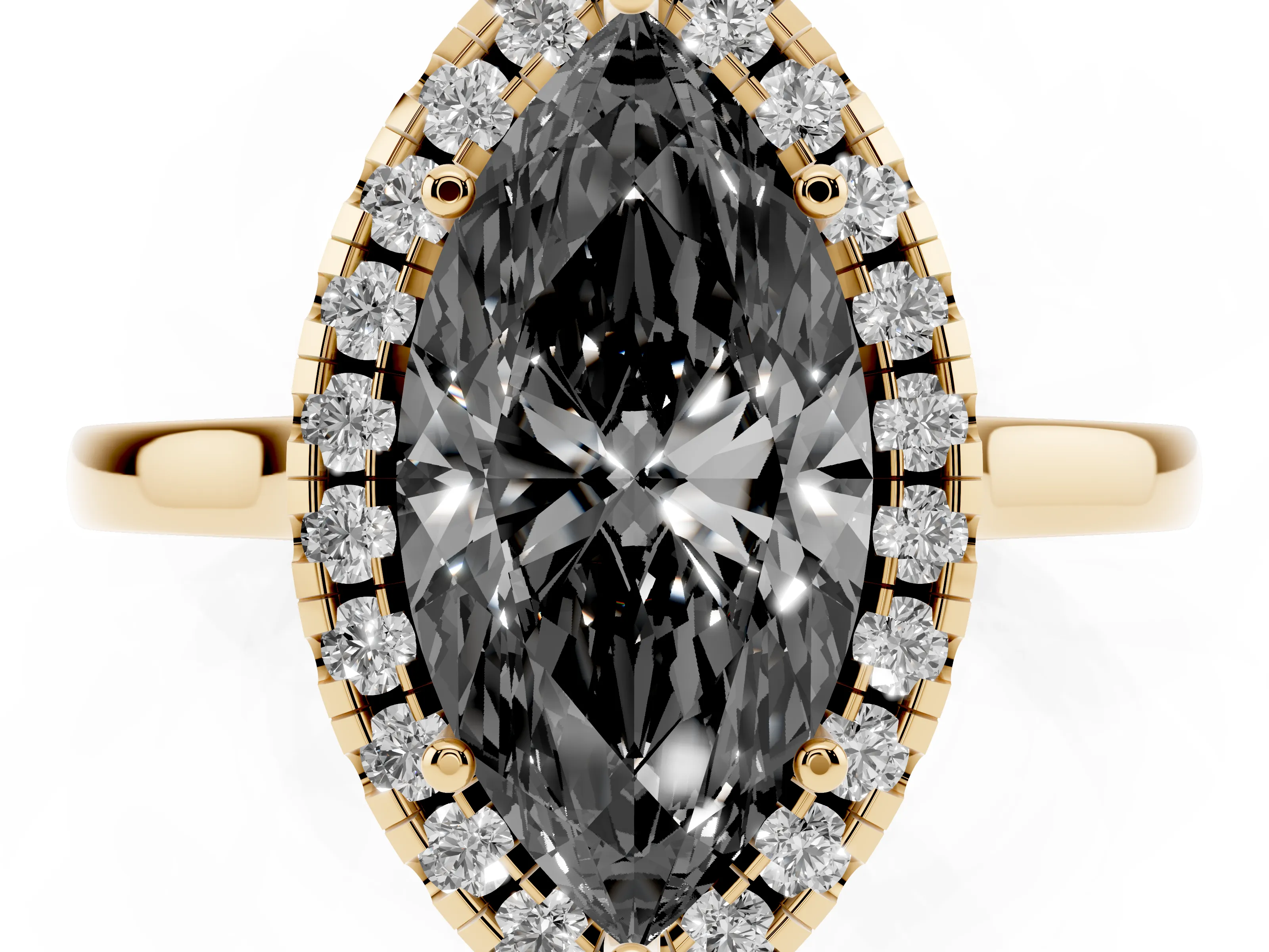 Fancy Black Marquise Cut Halo Round Diamond Solitaire Ring Set in Yellow gold with Pavé Band and Prong Setting