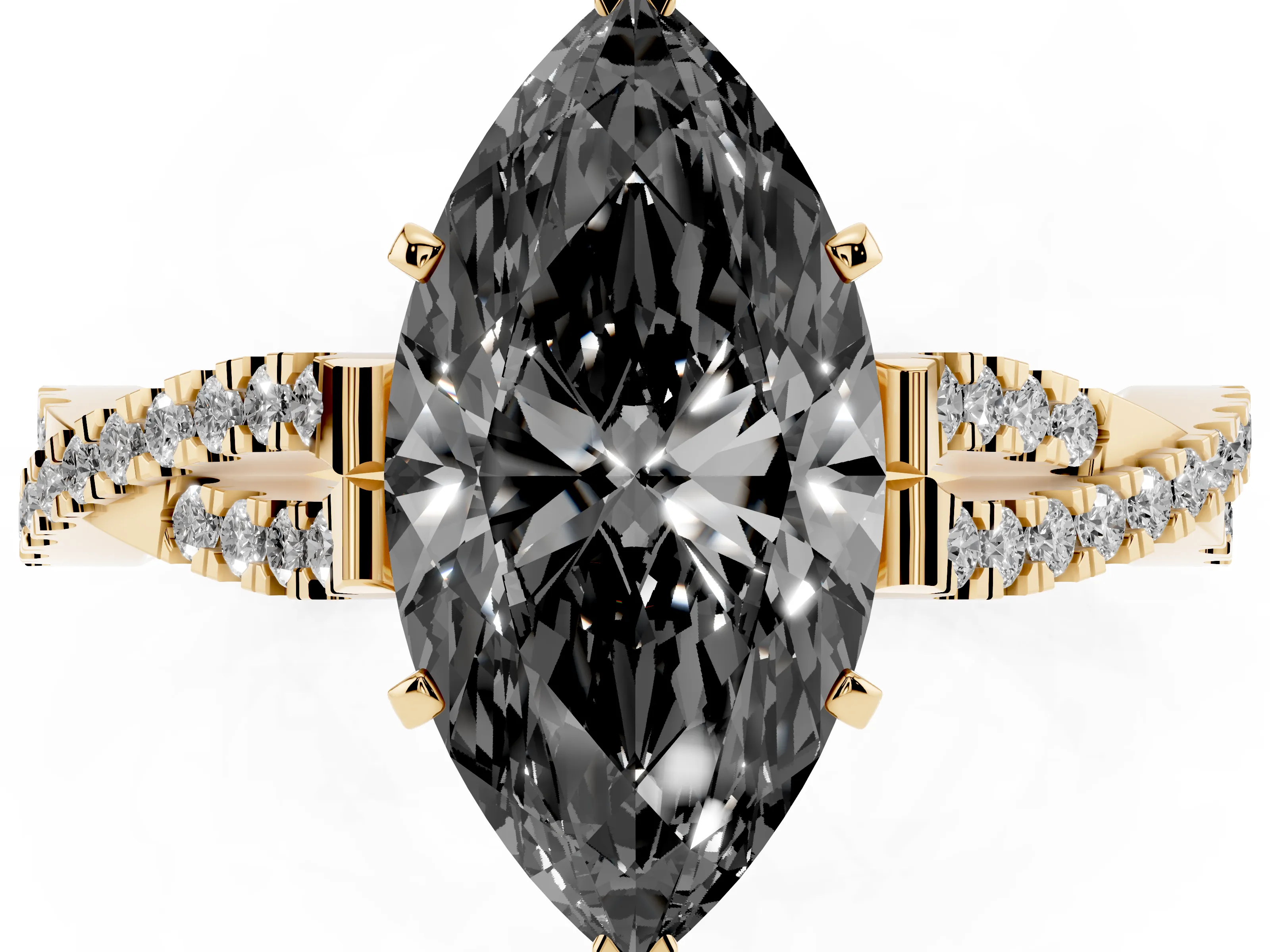 Fancy Black Marquise Cut Diamond Solitaire Engagement Ring Set in Yellow gold with Twisted Pavé Band and Prong Setting