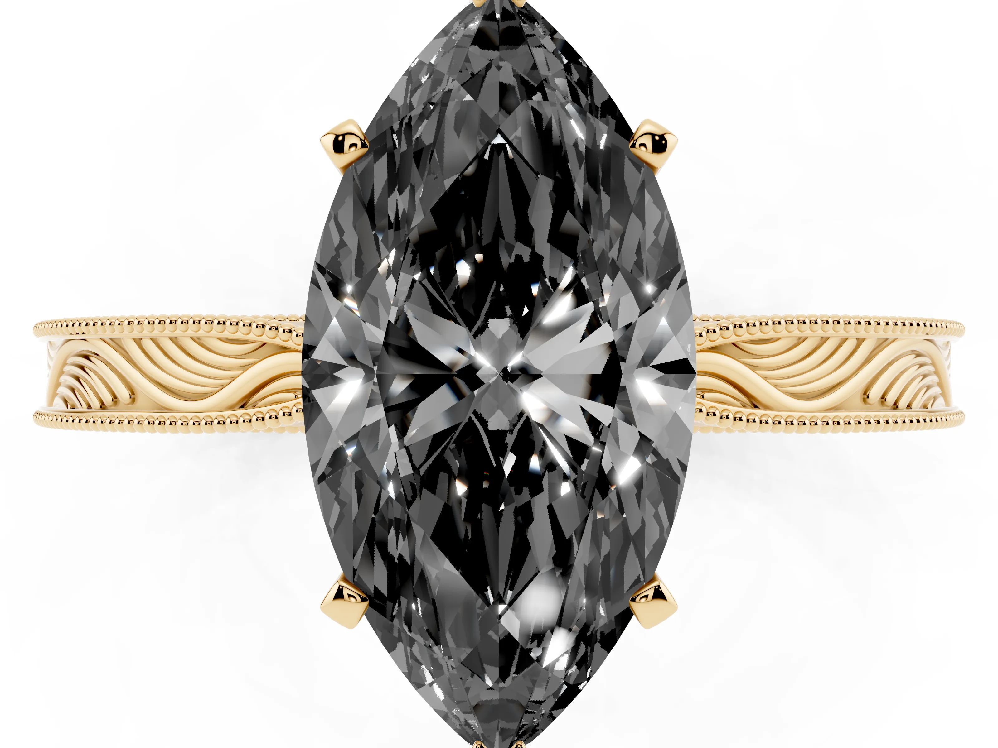 Fancy Black Marquise Cut Diamond Solitaire Milgrain Engraved Band Set in Yellow gold with Prong Setting