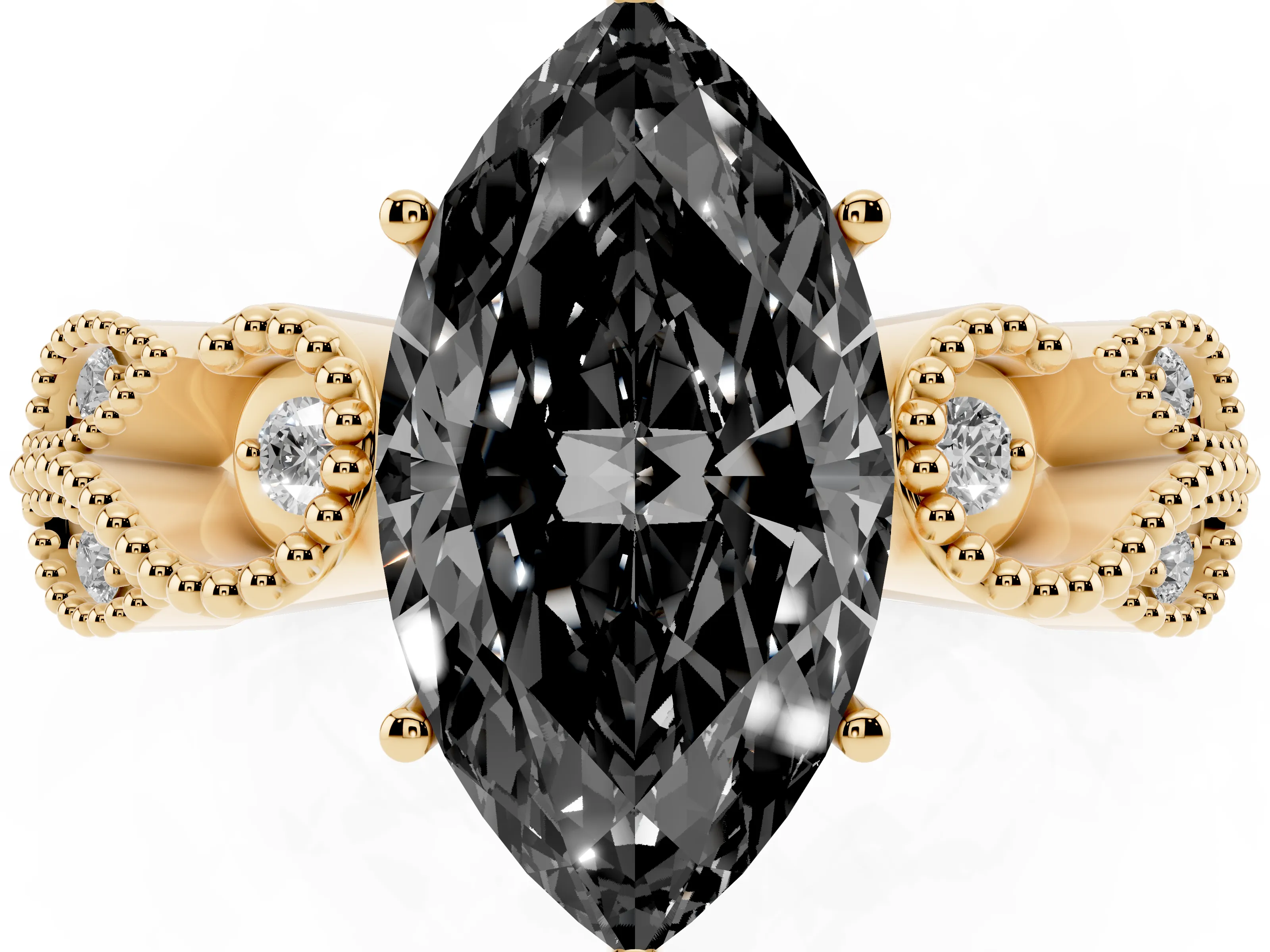 Fancy Black Marquise Cut Diamond Milgrain Leaf Band Solitaire Ring Set in Yellow gold with Accent Stones and Prong Setting
