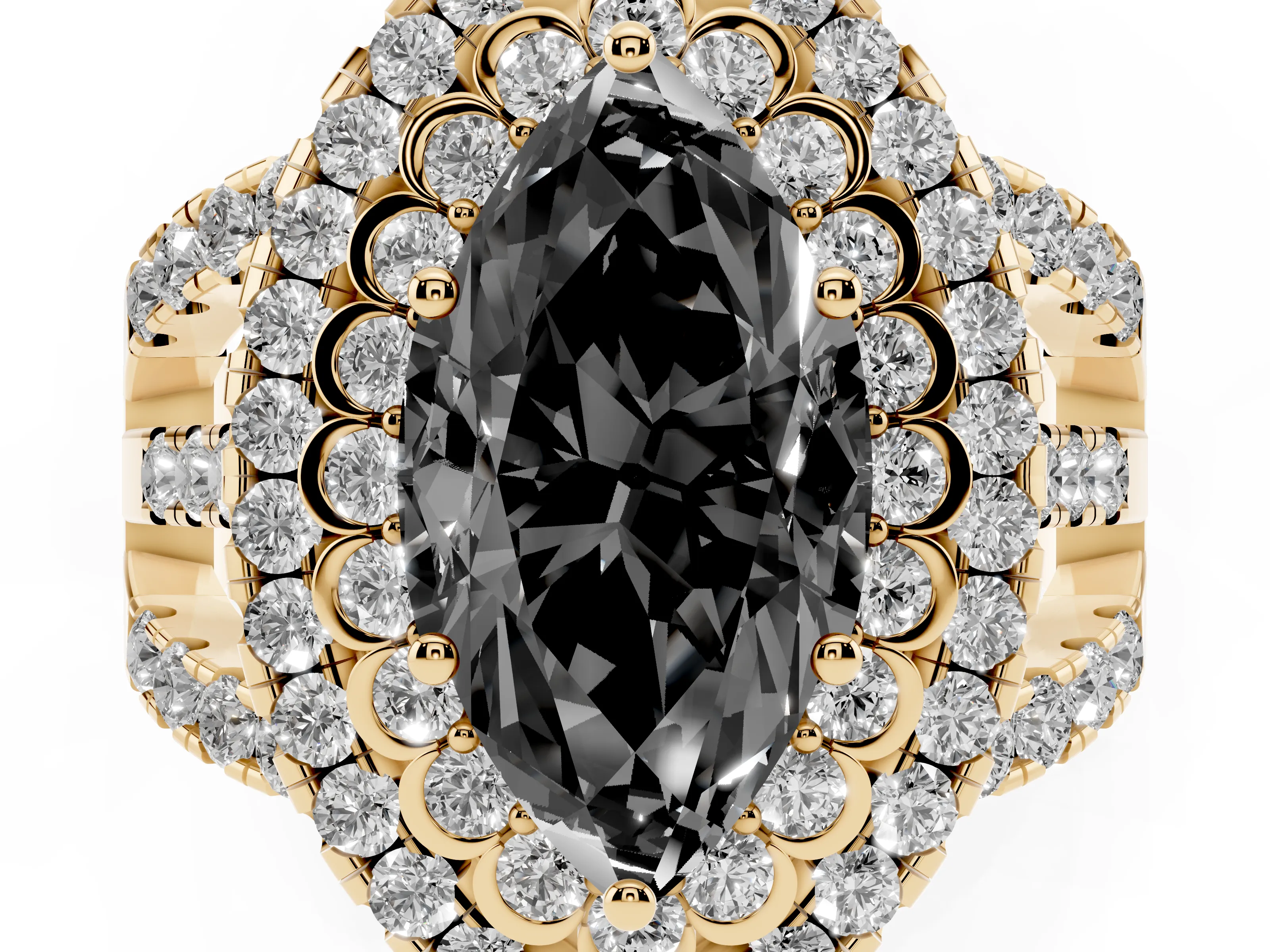 Fancy Black Marquise Cut Diamond Double Halo Ring Set in Yellow gold with Round Pavé Split Shank